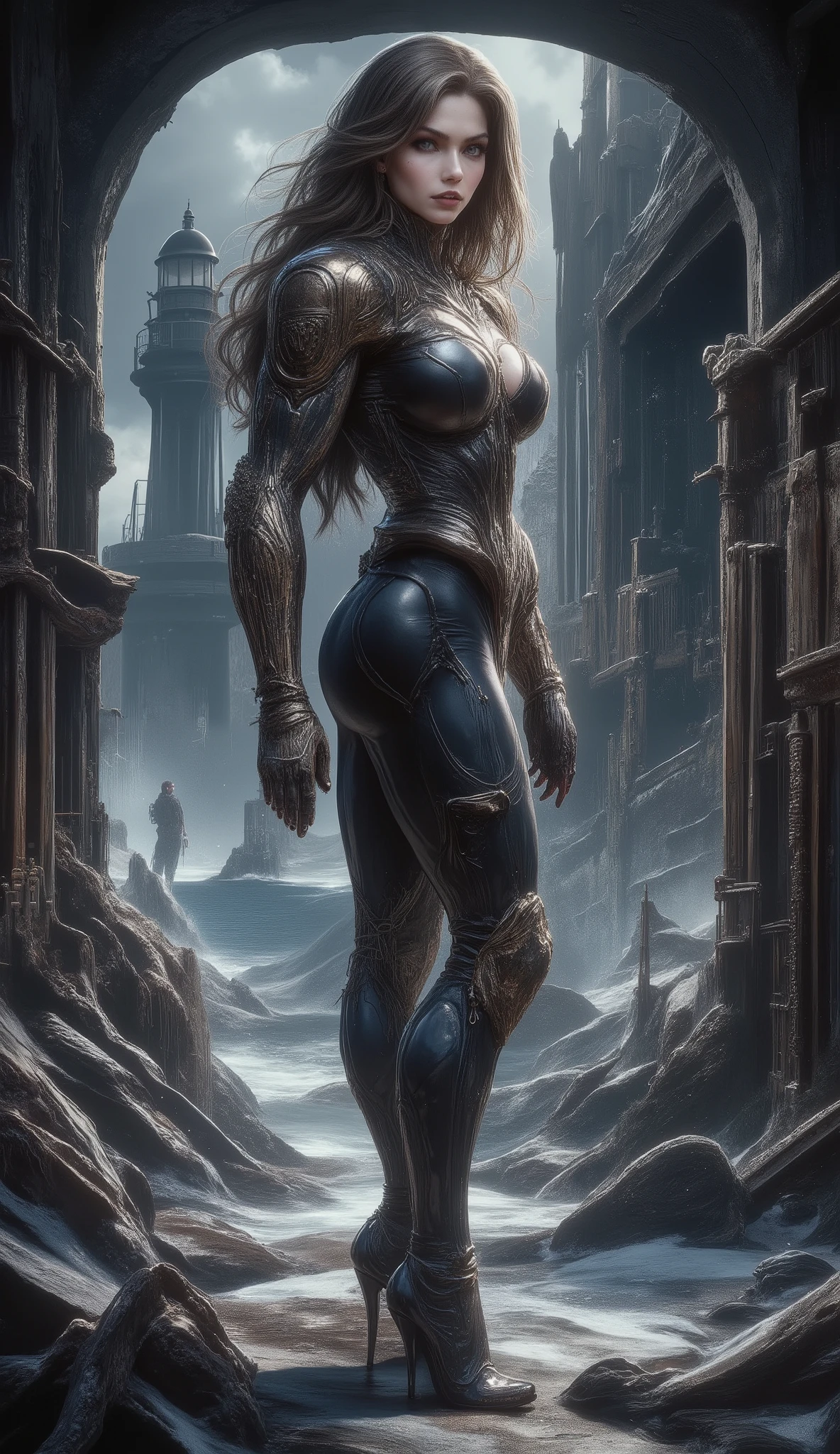 beautiful, sexy, sensual, tall, long brown-haired, 20-year-old TikTok model girl with long, slender legs, a thin waist, broad shoulders, large breast, Black form-fitting rubber diving suit that emphasizes her perfect figure, and elegant black leather stiletto heels that highlight her graceful, slender ankles, in the background, ruins of an abandoned Russian nuclear bunker built in the 1950s, cracked concrete, protruding steel bars, on the coast of the North Sea, rusty metal machine wreckage in the foreground, winter snowfall, fog, dull lights, gloomy storm clouds, apocalyptic, oppressive atmosphere, elaborate small Ruins of an abandoned Russian lighthouse built in the 1950s on the northern coast of the sea dark night Winter snowfall Dull lights Gloomy storm clouds