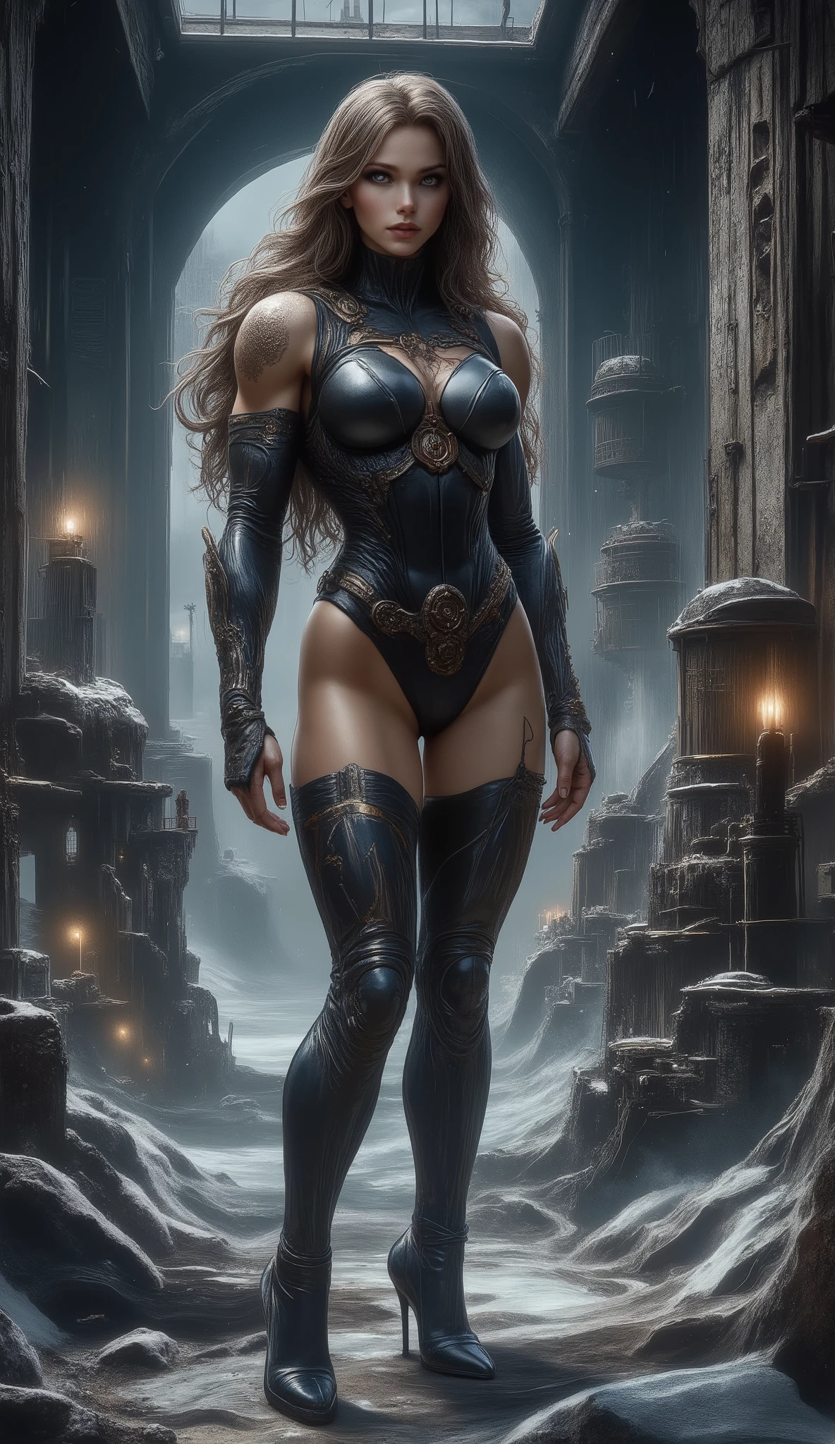 beautiful, sexy, sensual, tall, long brown-haired, 20-year-old TikTok model girl with long, slender legs, a thin waist, broad shoulders, large breast, Black form-fitting rubber diving suit that emphasizes her perfect figure, and elegant black leather stiletto heels that highlight her graceful, slender ankles, in the background, ruins of an abandoned Russian nuclear bunker built in the 1950s, cracked concrete, protruding steel bars, on the coast of the North Sea, rusty metal machine wreckage in the foreground, winter snowfall, fog, dull lights, gloomy storm clouds, apocalyptic, oppressive atmosphere, elaborate small Ruins of an abandoned Russian lighthouse built in the 1950s on the northern coast of the sea dark night Winter snowfall Dull lights Gloomy storm clouds