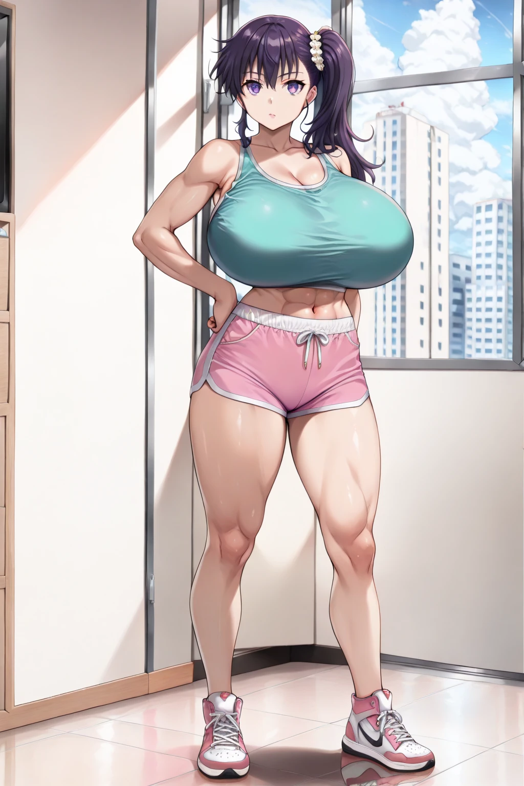 masterpiece, Absurd, Hinata\(bolt\), 1 Girl, alone,Mature Woman, View your viewers,Perfect composition, detailed lips, ((Very huge ?????:1.3)), Beautiful Face, Body Type, blush, (Pink Lips), Long Hair, Purple eyes, A gentle gaze, Ultra-realistic, detailed, Realistic face and body, Sweaty body, sauna background, Embarrassed face, Thick body, Chubby, View from below, Put your hands behind your back, White Mist, ((tears:1.4))、??????? are visible、Puffy ???????,?????? squatting、Open Leg,detailedな脇の下,very wet armpits、Underarm steam,Realistic ?????、Thick pubic hair、Short bob cut hair、Plump body、Obese,Very red face、Show your armpits、Holding your in your hands,High leg leotard、?????? bite