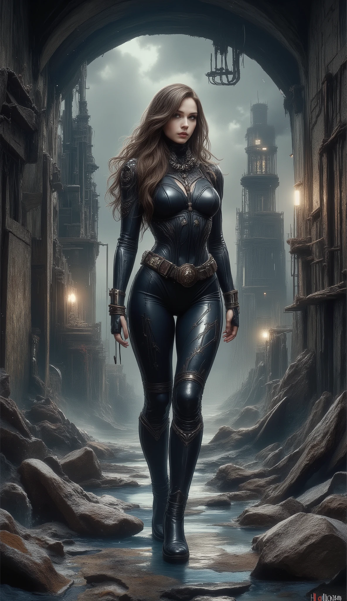 beautiful, sexy, sensual, tall, long brown-haired, 20-year-old TikTok model girl with long, slender legs, a thin waist, broad shoulders, large breast, Black form-fitting rubber diving suit that emphasizes her perfect figure, and High-heeled black leather boots that highlight her graceful, slender ankles, in the background, ruins of an abandoned Russian nuclear bunker built in the 1950s, cracked concrete, protruding steel bars, on the coast of the North Sea, rusty metal machine wreckage in the foreground, winter snowfall, fog, dull lights, gloomy storm clouds, apocalyptic, oppressive atmosphere, elaborate small Ruins of an abandoned Russian lighthouse built in the 1950s on the northern coast of the sea dark night Winter snowfall Dull lights Gloomy storm clouds