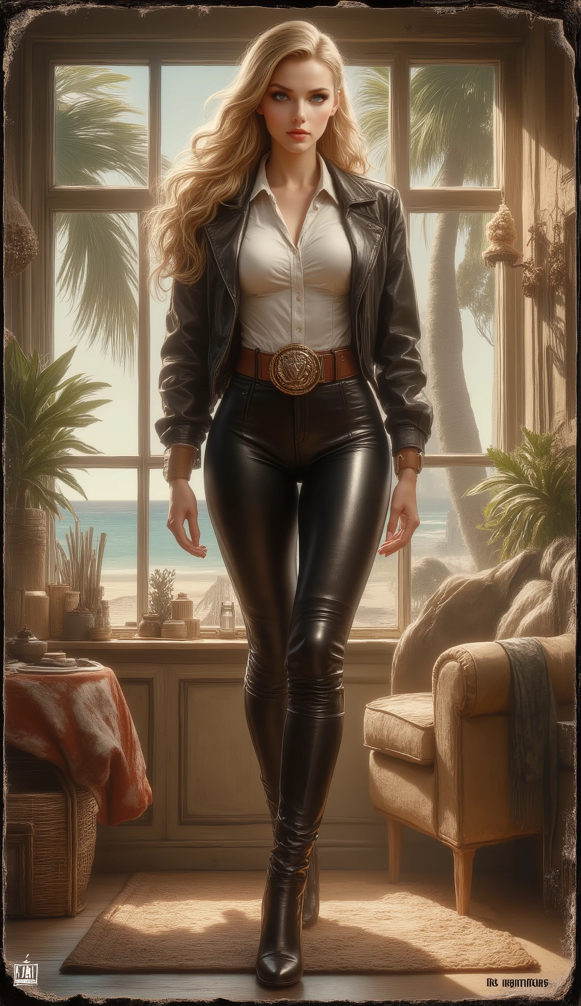 Vintage Polaroid-style full-body sexy , provocative sensual, bombshell girl secret in 1960s pin-up style . Tall , athletic build , long wavy blonde hair with a hair tie aholokan , blue eyes , high arched eyebrows , large breasts , slim waist , broad shoulders , shapely calves . She wears shiny black leather pants and shiny white broad-shouldered silk shirt black leather shiny jacket . Accessories: wide brown leather belt with large gold buckle , black leather high-heeled boots . Sunlit 1960s American room with tropical beach visible through the window .