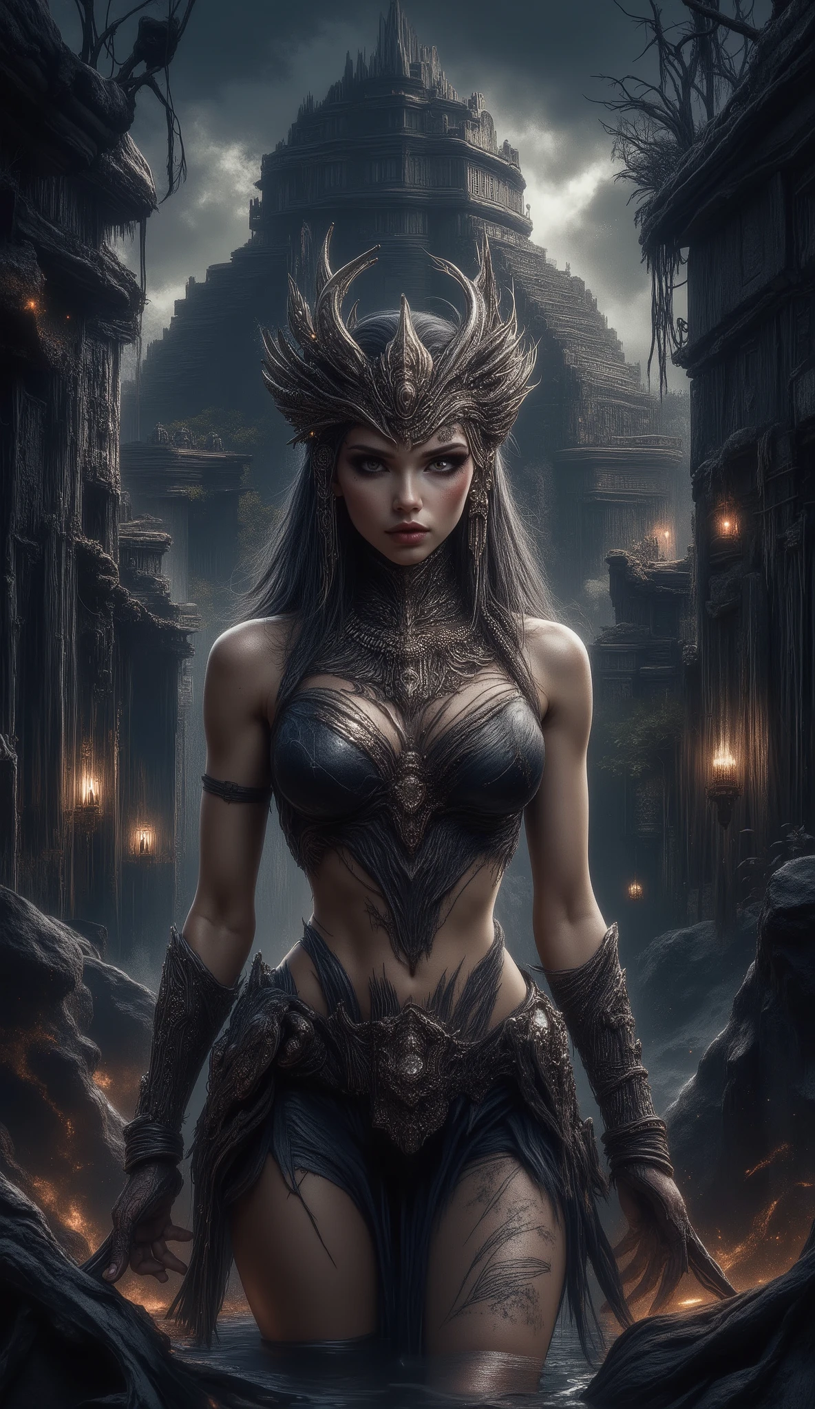 perfect eyes , detailed eyes , perfect belly , flirty , sexy , naughty , realistic , in the garden of an Mayan temple , dark gloomy night , dull colors , fog , smoke , storm , gloomy clouds , HDR , UHD , dynamic ,