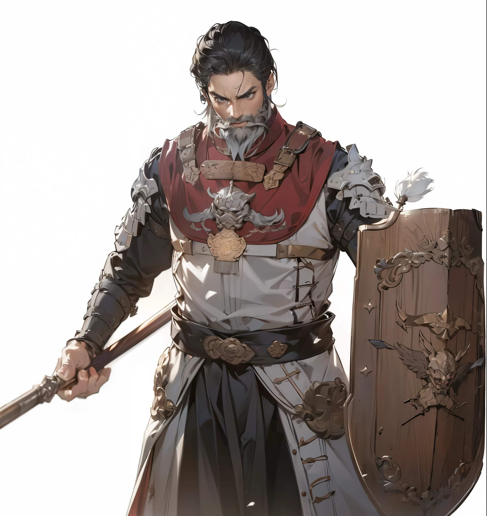 (absurdres, highres, super high resolution), Art Station and Pixive, (alone), (1 male), (((white background))), Three Kingdoms Armed Forces, War Commander , ultimate charismatic, (((beard))), Chinese Armor, cane, shield
