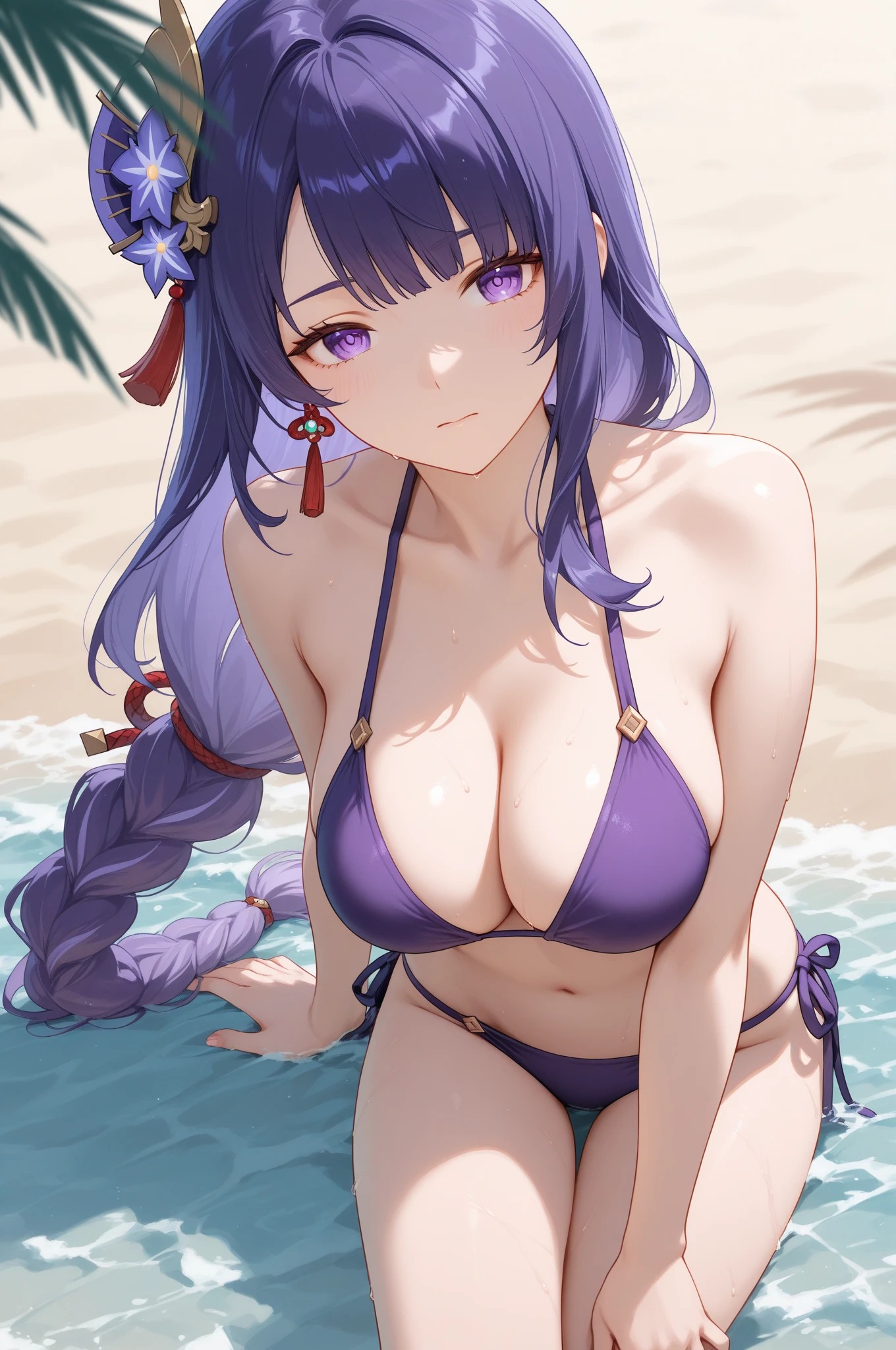 absurdres, highres, (official art, beautiful and aesthetic:1.2), ultra detail, beautiful person,
1girl, solo, long hair, bangs, hair ornament, navel, cleavage, sitting, very long hair, purple eyes, collarbone, purple hair, braid, flower, outdoors, choker, raiden shogun, big ??????, KKH-cup, good ??????, beautiful, gorgeous,anime,girl,lora, ?????? visible though clothes,p
 