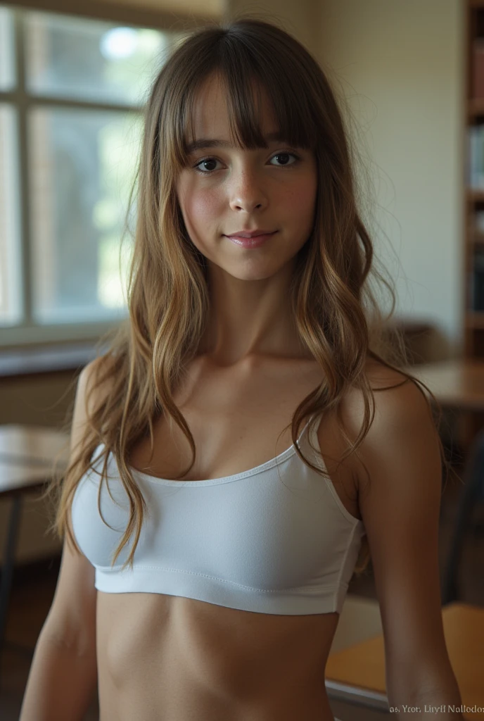 nat, 1girl, pink headband, green eyes,  blonde hair, long hair, lips, bang, blush, , mid shot, Julia Harvey, 1girl, brown eyes,  brunette hair, long hair, lips, bang, blush, , ((small breasts)), big , (), sitting on teachers desk in a classroom, , , Legs raised, (((No ))), ((visible )), pubic hair, masterpiece, best quality, ultra-detailed, ultra-HD, photorealistic, cinematic, close-up camera shot, sensual pose, alluring Natalie:1.2, perfect , perfect face, proportioned hands, masterpiece, top quality, (Ultra detailed face and eyes:1.3), 1 girl, 18 years old, (Eye makeup, mascara) , ((large detailed lips)), ((dark)) , ((small breasts)). ((Posing)), photoshoot, studio (soft lighting), glamour makeup, smoky eye shadow, (The play of light and shadows), depth of field, bokeh, (special attention to skin detail: 1.2), (Dark atmosphere of the frame, Dark color scheme), ((mid shot)) , ultra detailed, visible , (((mid shot)))