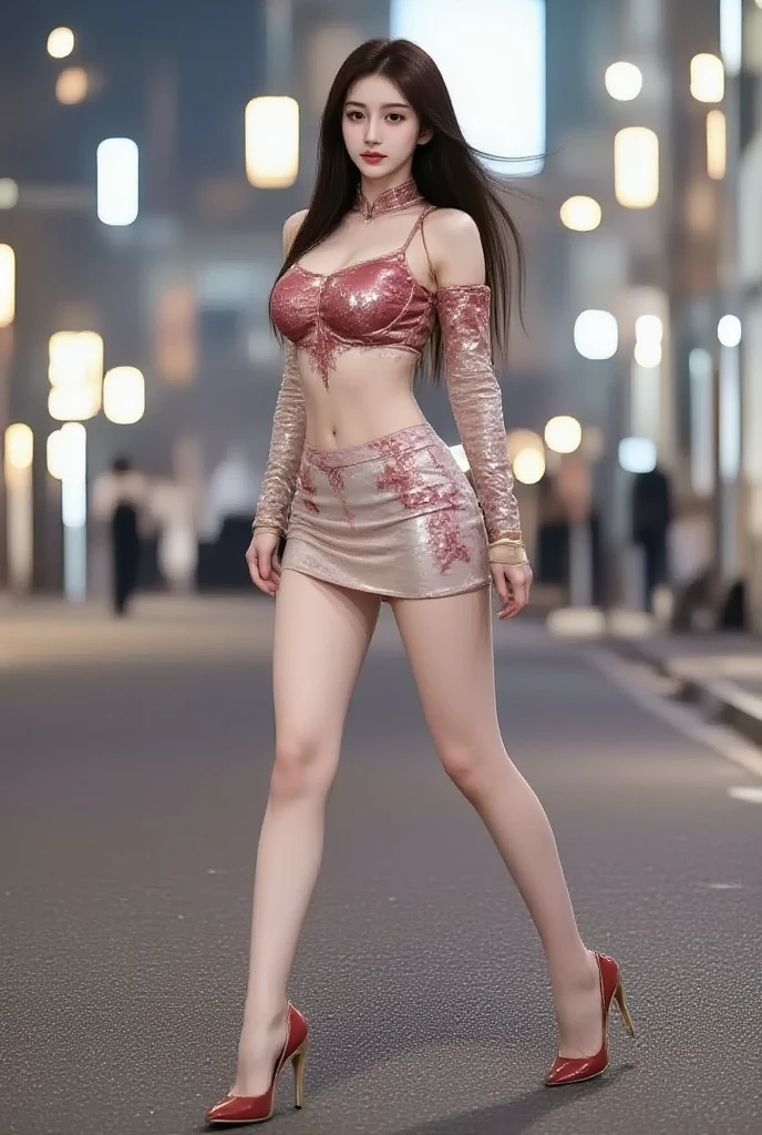 a 19 year old girl, she is the most beautiful actress in the world, the perfect body proportions of this girl, the bra that's worn on her large breasts are all hidden by the formal shirt, her crotch area of the panties are hardly hidden by the short skirt, her bare legs, her body looking straight to viewer of this photo, she is standing straight at the street, nsfw, best quality, highly detailed, masterpiece, ultra high res, photo realistic, 8k, RAW photo