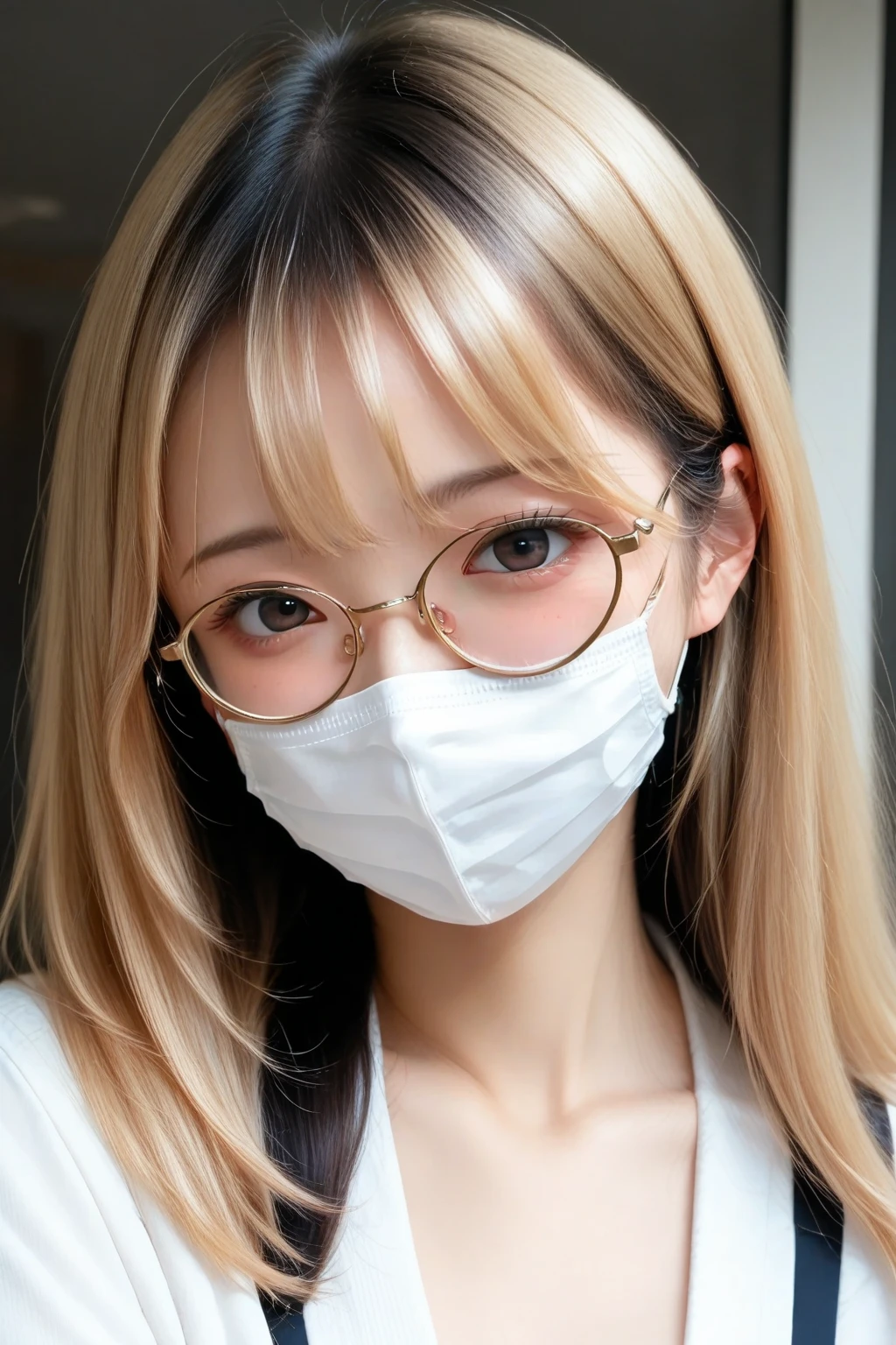 Realistic、Realistic、Realistic景色、Realistic女性、Wear a non-woven mask、 Women、Photo of your face、Sober atmosphere、Shy personality、Hide your face、Long Hair、Glasses、Japanese