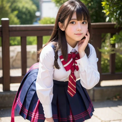 {of the highest quality], [Super beautiful], [Ultra fine], [best illustration], ,Brown hair, hime cut, wide, with bangs, girl, Uniform cap,security uniform, SMILE, blush, Thin women,short sleeve,long straight skirt, adult women,walk,(public）night park, summer festival,diagonal, feet and pumps, Plain black pumps
