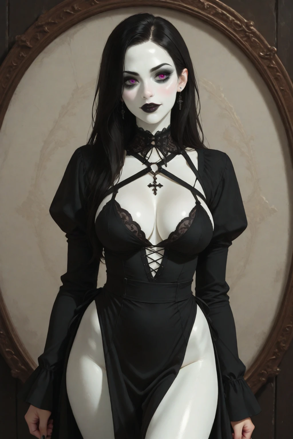 Mono Color,peso,????,parte superior del cuerpo,A ???? devil woman with a black and white body stocking dress holding a pintalabios rojo,Satan,sympathy,ojos azules,Patrones detallados de ropa.,lacivious pose,difundir la legitimidad,detailed gothic background,dark fantasy background,inspirado en Robert McGinnis, Inspirado en Gretel Stern, El estilo de Takato Yamamoto, Guido Crepax, Al estilo Guido Crepax, Amano, Vanya Zoravlev, inspirado en Leonor Fini, Cold Nagao, inspirado en Takato Yamamoto.Inspirado en Klimt y Mucha. hermosos ojos, hermosos labios detallados, ojos y rostro extremadamente detallados, Long eyelash quality:1.2), ultra-detallado, (actual:1.37), pintado al oleo, Color contrast, A high resolution, vestido blanco y ?????, pintalabios rojo, inspirado en Robert McGinnis, Inspirado en Gretel Stern, Estilo Yamamoto Takashi, Estilo Guido Crepax, Inspirado en Amano, Inspirado en Vanya Zoravlev, Leonor Fini'of inspiration, Cold Nagao-inspired, inspirado en Takato Yamamoto, vibrante con colores, dramatic lights, Striking Composition, ambiente divertido, Elegancia femenina.liver or body.，pintura de un，Impresionismo