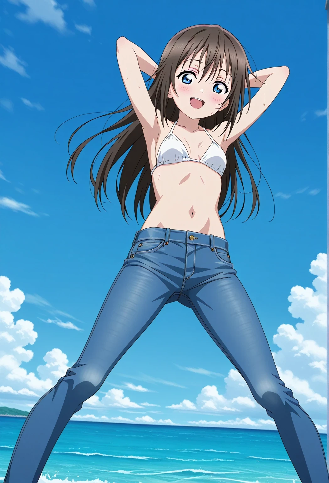 score_9, score_8_up, score_7_up, source_anime, highres, hi res, ((best quality, top quality, perfect quality, Highest Quality, amazing quality)), {{masterpiece}}, {{an extremely delicate and beautiful}}, 2d, intricate details, official style, anime, 8k, anime style, official_anime, official art, digital painting, cell shading, soft shading, high resolution, soothing tones, Subdued Color, Soft cinematic light, adobe lightroom, photolab, HDR, intricately and hyper-detailed, ((high quality animation)), 1 girl, Alone, solo, ((ocean)), tsunami, on the water, day, sunny, outdoors, sky, windy, shizuku ousaka, Love Live! Nijigasaki High School Idol Club, long hair, bangs, blue eyes, brown hair, hair between eyes, anime coloring, anime screencap, small breasts, white bikini top, best quality, hyper-detailed jeans, ((blue jeans:1.9)), (dark blue jeans:0.6), full medium body, medium shot, Open mouth, smiling, happy face, blush, sweat, standing, hyper-detailed arms, ((arms behind head:6.0)), ((perfect arm line:2.5)), balance arm, raise forearm slightly, bowlegged, sliding pose, action, looking at viewer, spread legs, Bend knees slightly, from below
