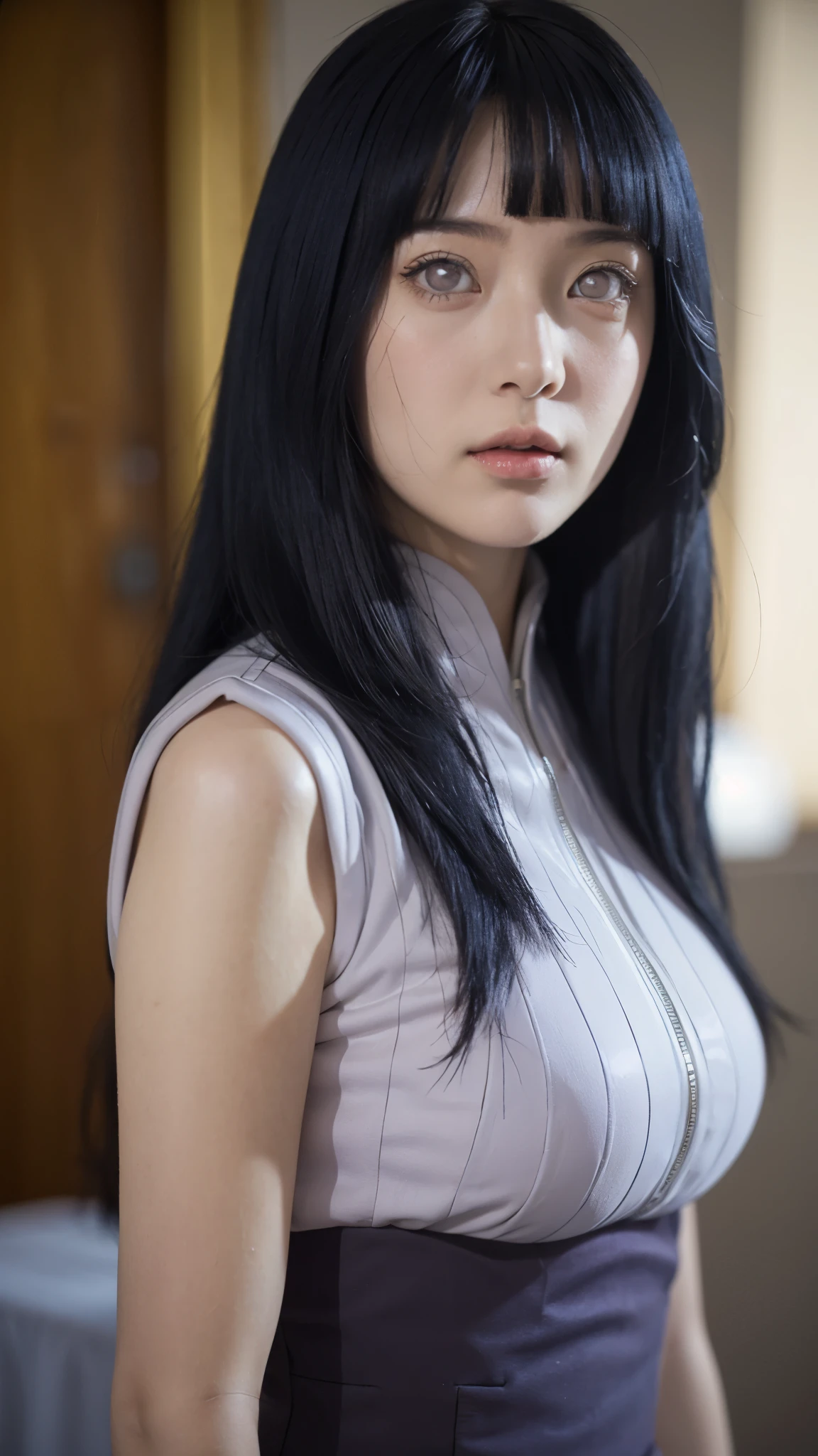 Hyuga Hinata from Naruto Shippuden, half-body portrait, beautiful and elegant expression, soft gentle smile, long dark blue hair with realistic texture, white Byakugan eyes glowing subtly, wearing her classic lavender and cream ninja outfit, ultra HD, ultra realistic, super detailed, cinematic lighting, natural skin texture, depth of field, studio-quality portrait, anime realism style, perfect facial proportions, 8K resolution