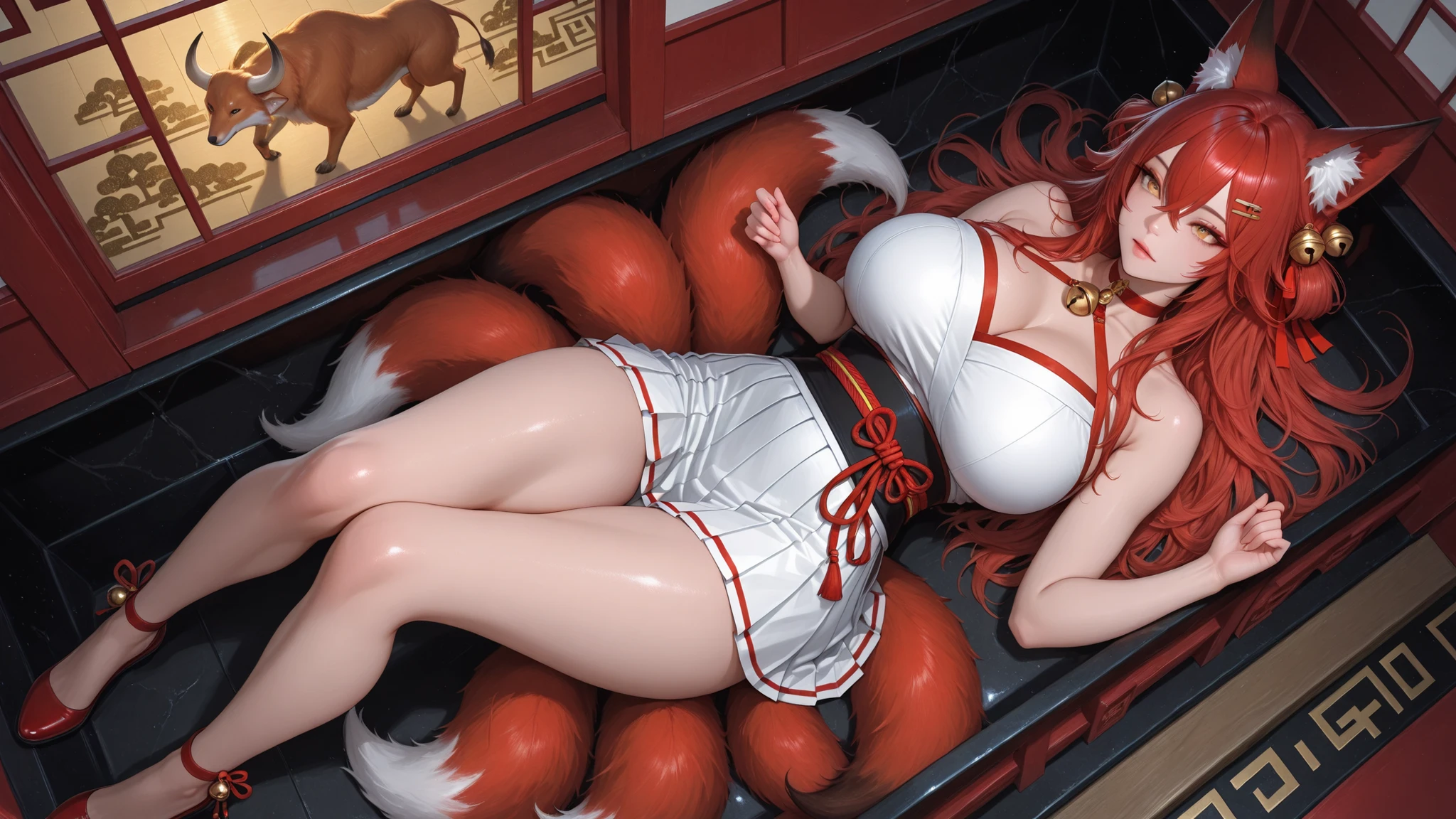 solo , Masterpiece , realistic descending image , highest quality , realistic descending image , buffalo neck , Intricate art , KIT SUNNY STAR VTXL , fox , (animal ear fluff) , golden eyes , gray hair , long hair , side lock , ngực to , hair between eyes , red hair jewelry , hairclip , hair bell , red choker bell , giant breasts , đuôi chồn , multiple tails , bare shoulders , Disconnect , Kudress White Expressive Brush Strokes , red ribbon , short white skirt , pleated , pink thighs , Shoe , In Japanese temples , lying on his back, super long floor, seen from above , large area panoramic view , 3 :1 full body view, natural straight legs