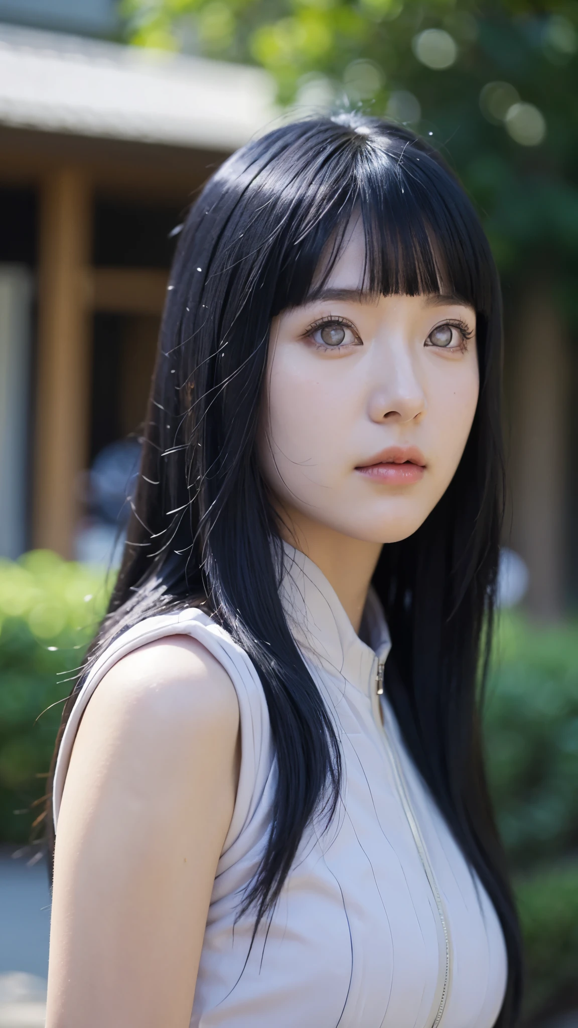 Hyuga Hinata from Naruto Shippuden, half-body portrait, beautiful and elegant expression, soft gentle smile, long dark blue hair with realistic texture, white Byakugan eyes glowing subtly, wearing her classic lavender and cream ninja outfit, ultra HD, ultra realistic, super detailed, cinematic lighting, natural skin texture, depth of field, studio-quality portrait, anime realism style, perfect facial proportions, 8K resolution