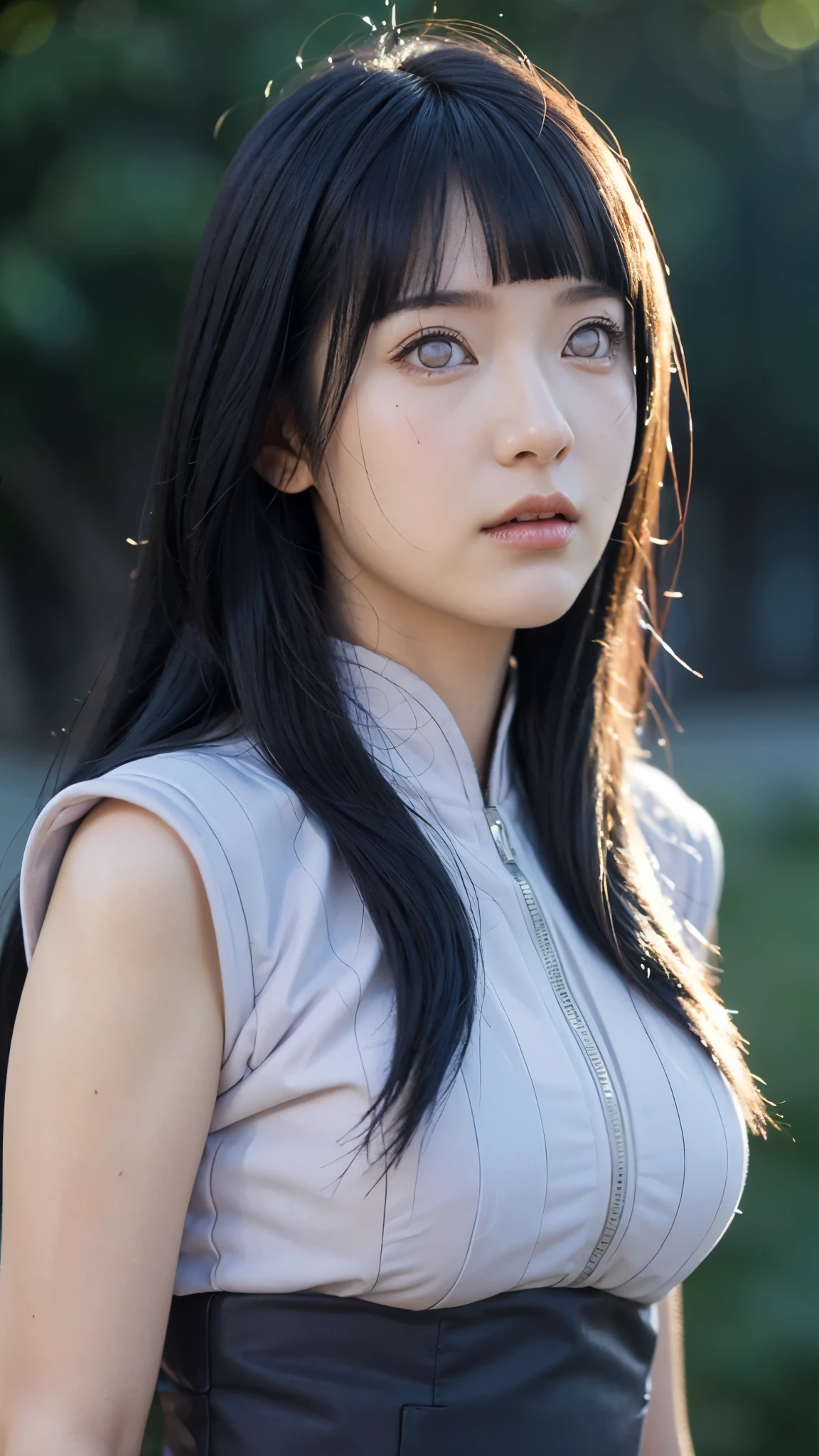 Hyuga Hinata from Naruto Shippuden, half-body portrait, beautiful and elegant expression, soft gentle smile, long dark blue hair with realistic texture, white Byakugan eyes glowing subtly, wearing her classic lavender and cream ninja outfit, ultra HD, ultra realistic, super detailed, cinematic lighting, natural skin texture, depth of field, studio-quality portrait, anime realism style, perfect facial proportions, 8K resolution