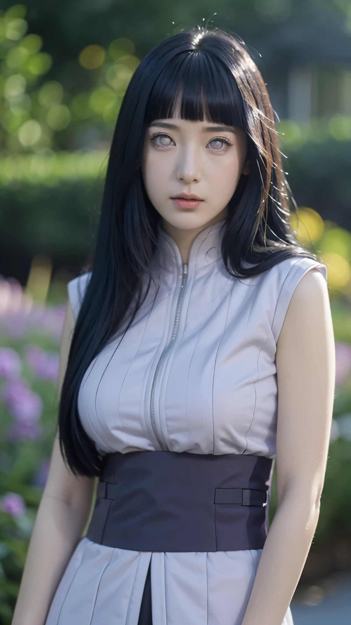 Hyuga Hinata from Naruto Shippuden, half-body portrait, beautiful and elegant expression, soft gentle smile, long dark blue hair with realistic texture, white Byakugan eyes glowing subtly, wearing her classic lavender and cream ninja outfit, ultra HD, ultra realistic, super detailed, cinematic lighting, natural skin texture, depth of field, studio-quality portrait, anime realism style, perfect facial proportions, 8K resolution