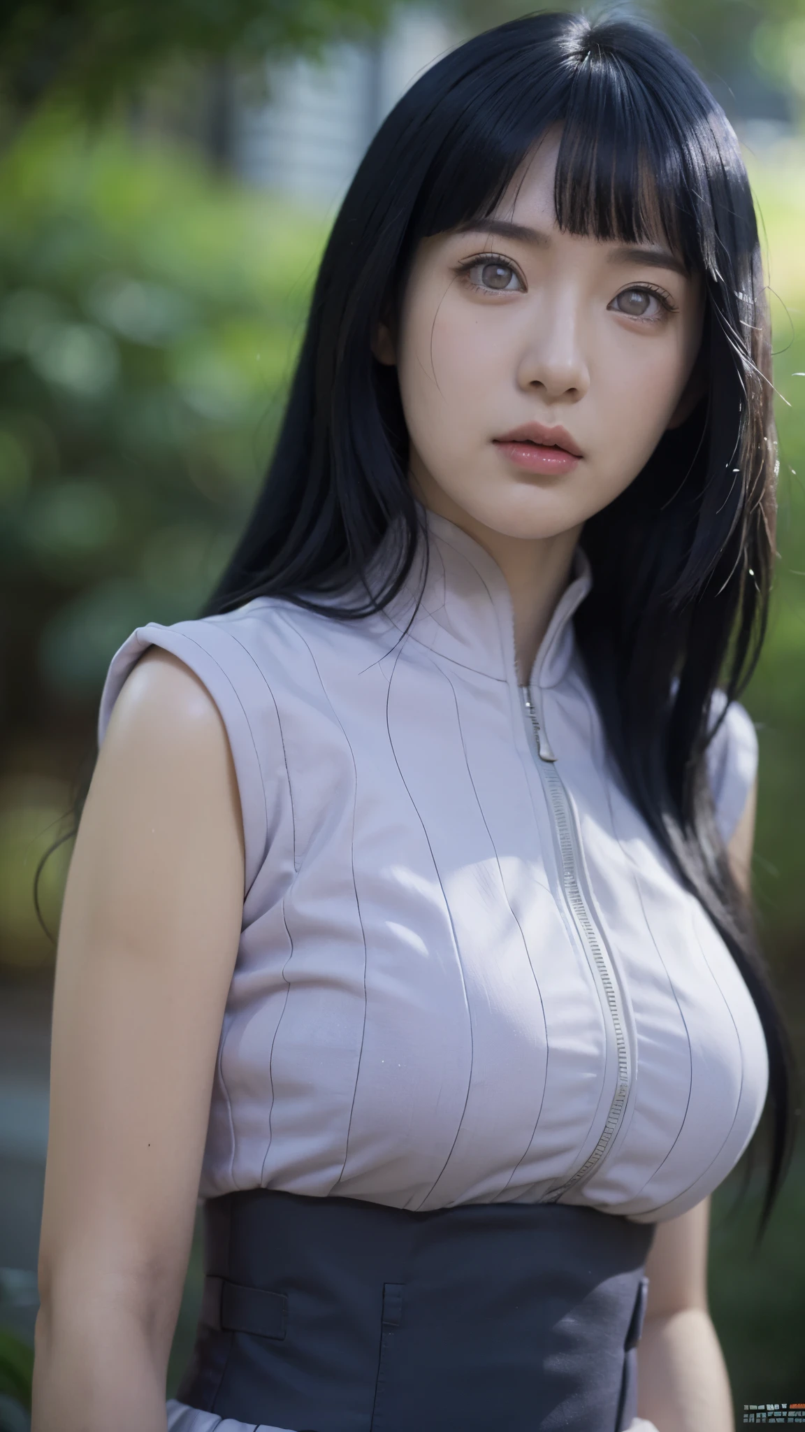 Hyuga Hinata from Naruto Shippuden, half-body portrait, beautiful and elegant expression, soft gentle smile, long dark blue hair with realistic texture, white Byakugan eyes glowing subtly, wearing her classic lavender and cream ninja outfit, ultra HD, ultra realistic, super detailed, cinematic lighting, natural skin texture, depth of field, studio-quality portrait, anime realism style, perfect facial proportions, 8K resolution