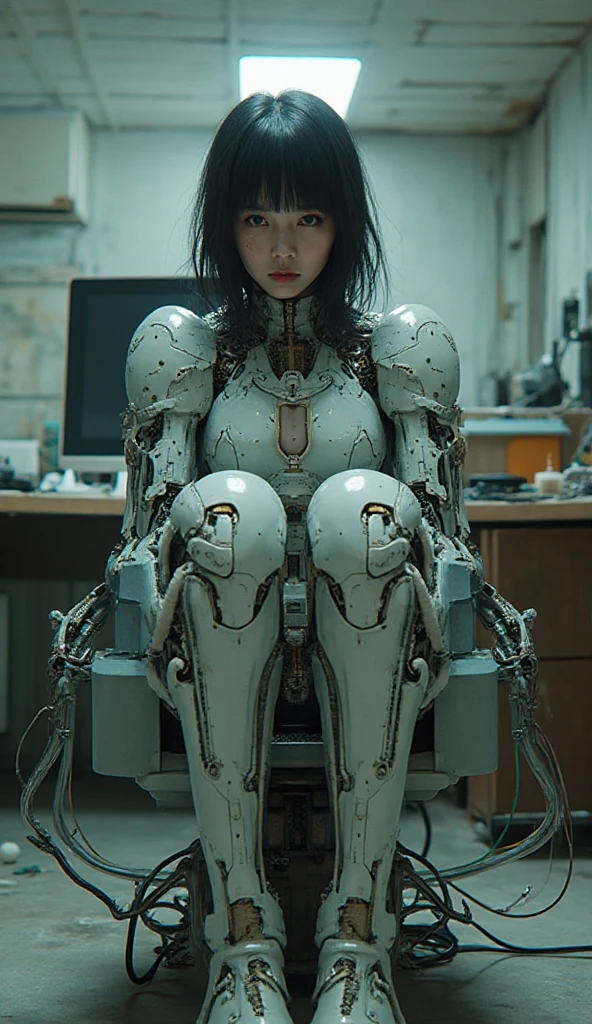 masterpiece, best quality, extremely detailed, (photorealistic:1.4),(RAW photo) (8K, 4K, Best Quality, hight resolution, 超A high resolution:1.1), (masutepiece, Realistic, Photorealsitic:1.1), 1girl in, Japaese Cyborg Girl,Plump ,navy pleated ,black tights,control panels,android,Droid,Mechanical Hand, ,clothes with a sense of mechanical technology, Robot arms and legs, Black Robot Parts,Black hair,Mechanical body,Blunt bangs,White abdomen,White robotics parts,tube dress,perfect robot woman,future laboratory,cyber pank,charging spot,android factory,robot factory,cyborg factory,long tube,thick cable connecting her neck,ceramic body ,full eyes,striking eyes,mechanical body, head antenna,mechanical ear cover,android,robot humanoid,