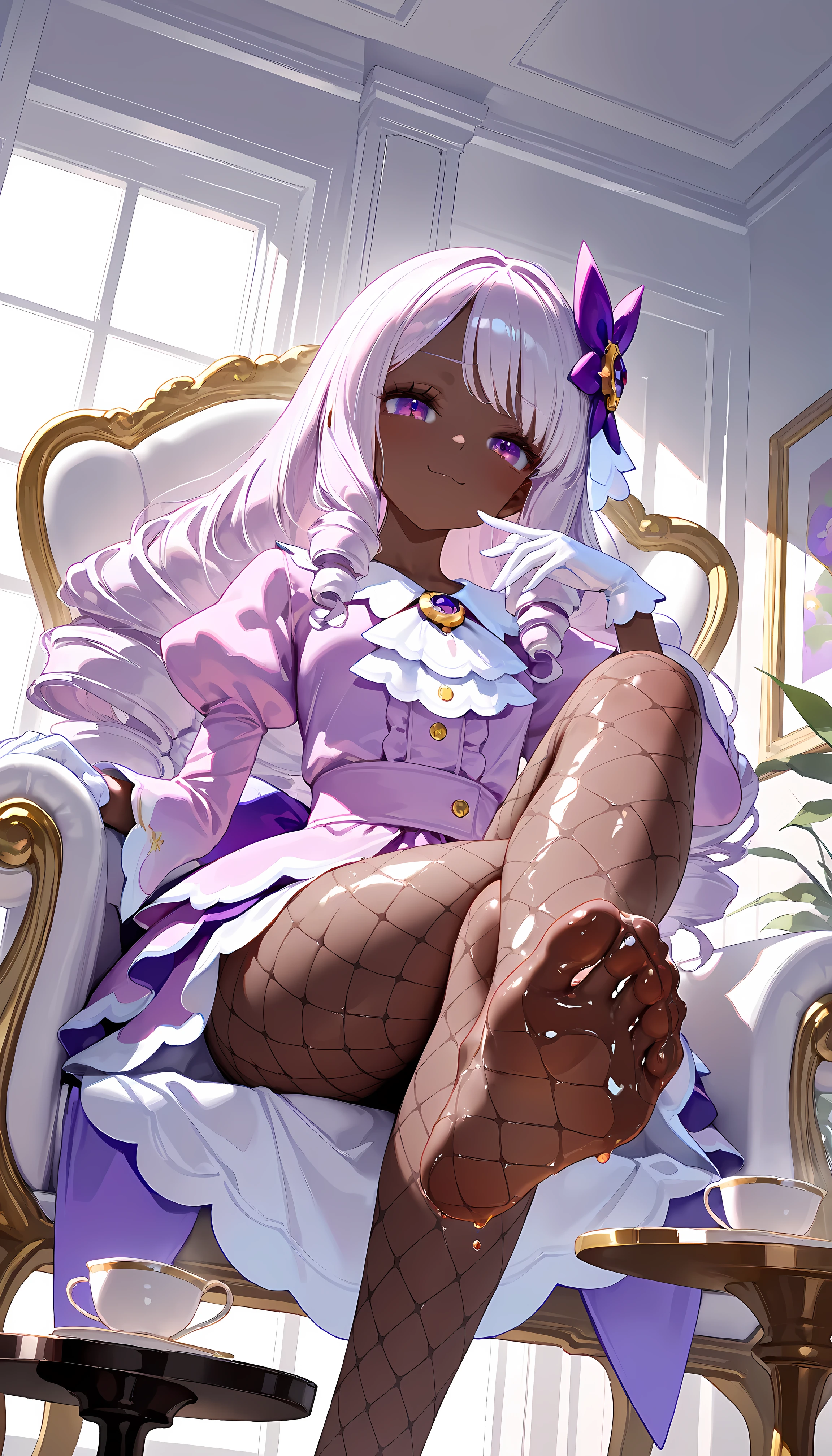 from below,1girl, solo,smug, Jacinthe,dark-skinned female, long sleeves, very dark skin, purple dress, puffy sleeves, purple eyes, white gloves, juliet sleeves, drill hair, long hair, hair ornament, purple hair, jewelry, pink dress, eyelashes, white ascot, fishnet pantyhose, indoors,sitting, crossed legs,foot focus,armchair, tea table, teacup, teapotmasterpiece,best quality,newest,highres,absurdres,very awa,shiny skin,(oiled),(WANKE:0.8),(artist:reoen:0.6),(artist:ningen_mame:0.9),(artist:sho_(sho_lwlw):0.6),(artist:rhasta:0.9),(artist:wlop:0.4),(artist:ke-ta:0.6),(tianliang duohe fangdongye:0.5),(hiten \(hitenkei\):0.6),(artist:onineko:0.7),