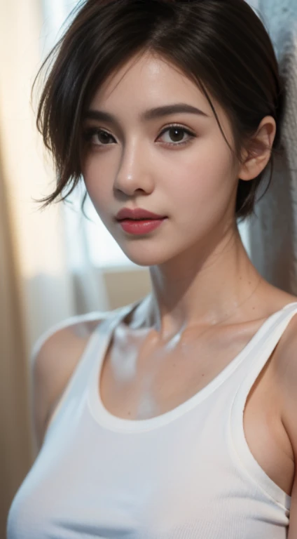 (Highest quality、Tabletop、8K、Best image quality、Award-winning works)、One beautiful mature woman、50 years old、(short hair:1.1)、(:1.1)、(Perfect white polyester sleeveless open collar shirt:1.5)、(Bright white :1.2)、(Very bright:1.3)、Bright and shiny shirt、(Leaning against the simplest white wall:1.4)、Close-up of face、Beautiful clavicle、、Perfect Makeup、Lustrous and bright lips、Accurate 、Ultra-high definition beauty face、Ultra HD Hair、Super high quality sparkling eyes、(Ultra-high resolution glossy skin:1.1)、Super high quality glossy lip、Look straight ahead