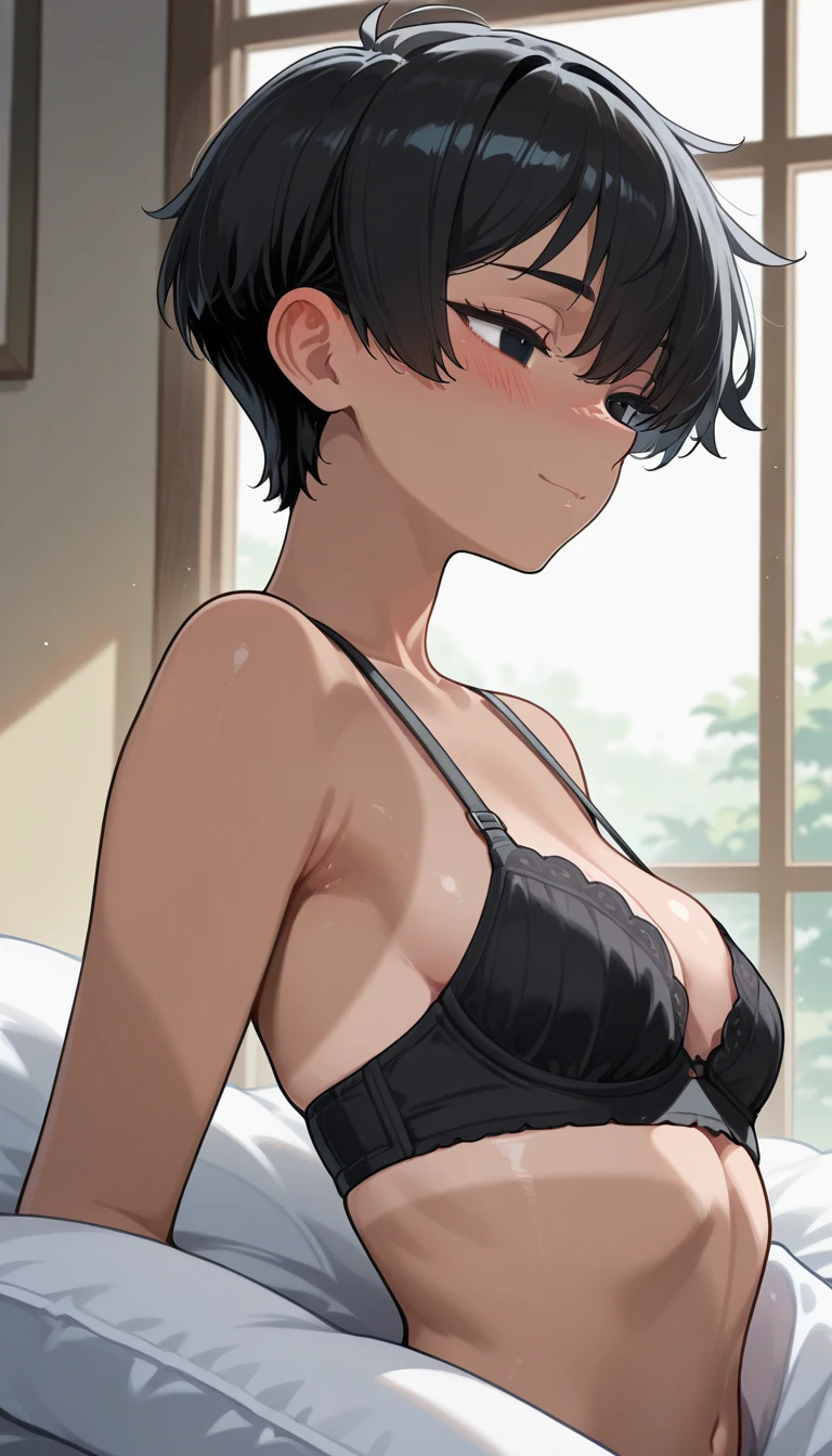 photo of mlp Meowko, RAW, beautiful woman, ((portrait)), ((detailed face:1.2)), ((anime face, anime facial feature, beautiful anime mouth, clear skin, clear skin), (short messy lesbian haircut, one shaved side, brunette: 1.55),  (perfect proportioned body, Strong, muscular, narrow waist, narrow hips, skinny, large breasts), (wearing shibari), (high detailed bedroom, sitting on bed, looking up at viewer: 1.3), (realistic photo, best quality, detailed), (8k wallpaper), (cinematic lighting, beautiful light, (day:1.3)) (sharp focus, intricate)