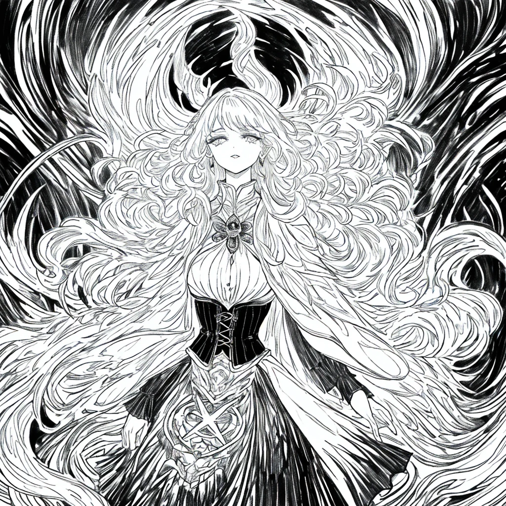 Monochrome,Lineart,Dark outlines,Black and white only,Clear background,Wizard、A long robe with wide sleeves and a hem、Large hood、Pointed hat、Mysterious Aura、A cloak decorated with a magic circle emblem、Amulet、pendant、A wand inlaid with gems and magical runes、book of magic、Magic Ring、Portion、belt、incantation、magic theory、Curious、High concentration、Calm、Theoretical、Calculating、mysterious、Elemental Magic、Powerful incantation、magic theory、