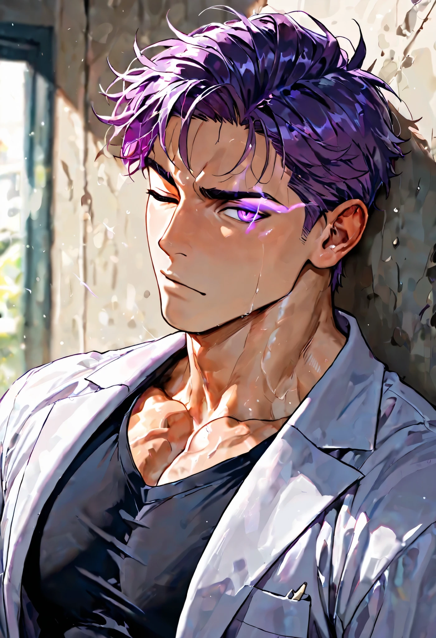 absurdres, highres, ultra detailed, HDR, master piece, Shinsou Hitoshi, messy indigo hair, no bangs, expressive purple eyes, Boku No Hero Academia, sexy man, handsome, best quality, blossoms, pink petals, pink flowers, water, fantasy, magical, blue shining fireflies, solo, white shirt,