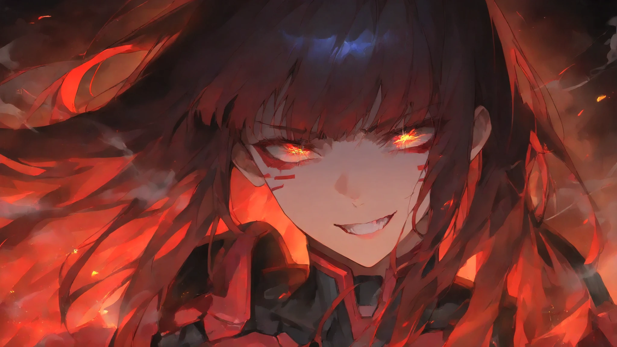 a powerful and beautiful cyberpunk woman, upper body portrait, surrounded by red electric sparks and glowing energy veins, long flowing crimson hair, intense eyes shining like lightning, wearing a futuristic black and red armor with glowing circuit lines, dramatic lighting, smoke and sparks in the background, cinematic composition, ultra-detailed 8k anime style, fierce and passionate expression