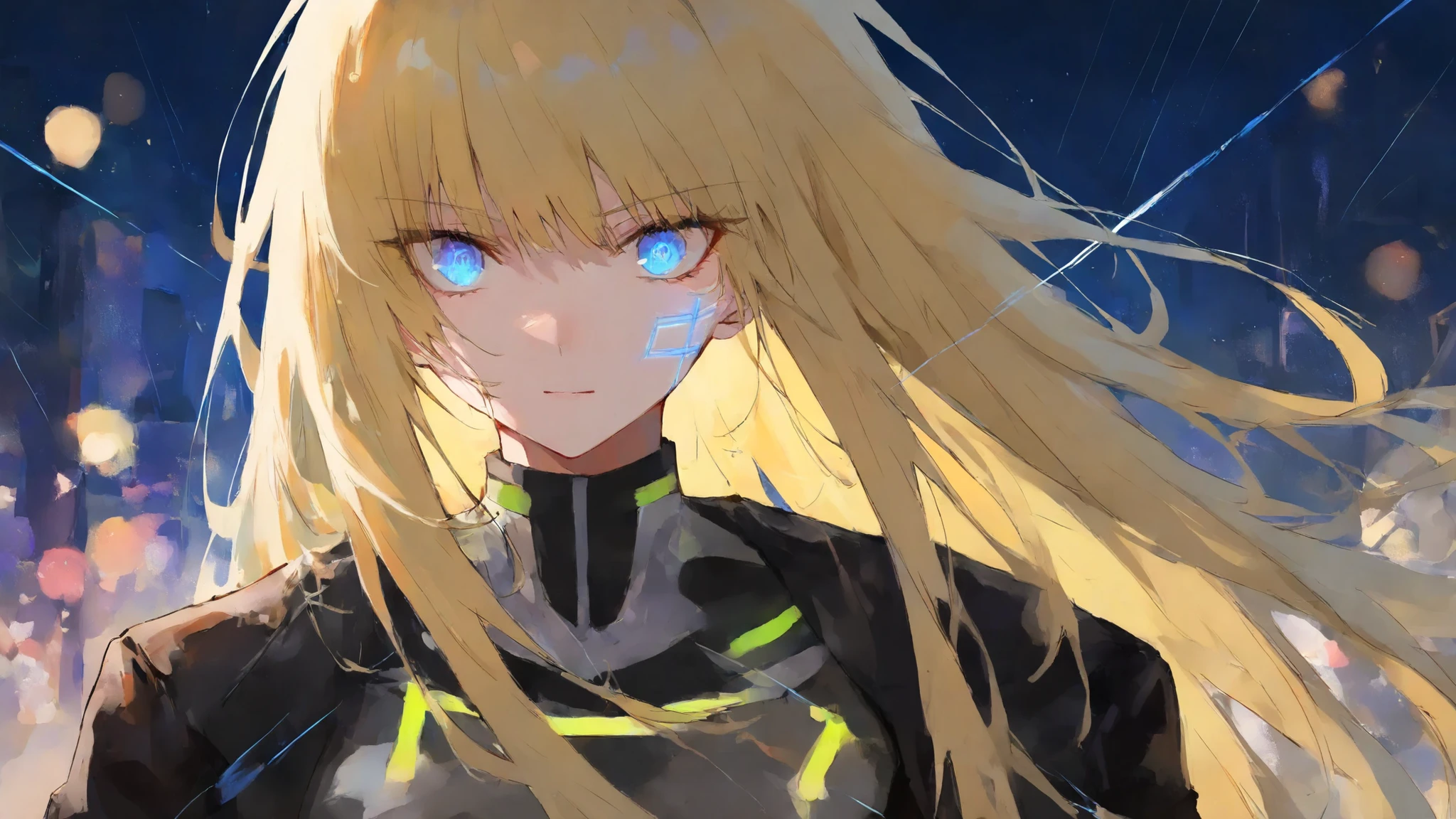 a stunning futuristic woman, upper body portrait, standing in a neon city at night, surrounded by glowing pink and cyan lights, reflections of neon signs on her skin, long flowing hair with luminous highlights, wearing a sleek futuristic outfit with glowing pulse lines, vibrant bokeh background, cinematic lighting, ultra-detailed 8k anime style, stylish and confident expression, rhythm and energy atmosphere