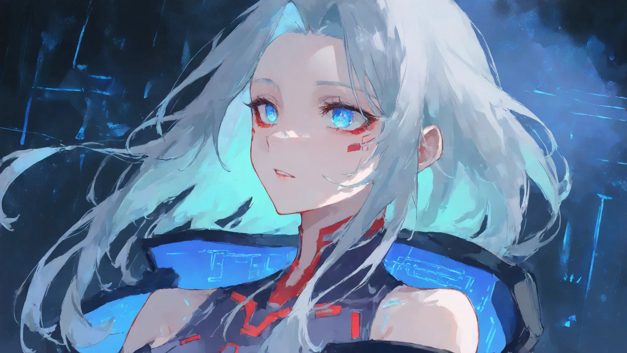 a mysterious and beautiful cyberpunk woman, upper body portrait, surrounded by glowing blue circuits and digital holograms, translucent fragments of code floating around her, silver hair flowing with light, eyes glowing softly like data streams, wearing a futuristic with circuit patterns, dark sci-fi background with blue light rays and mist, ultra-detailed 8k anime style, ethereal and haunting atmosphere, calm and intelligent expression