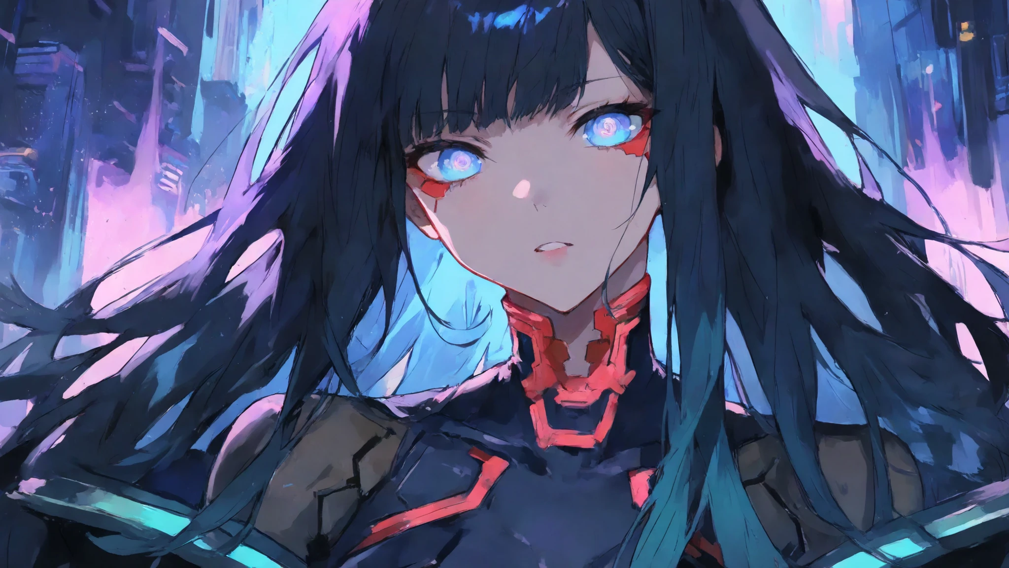 a powerful cyberpunk woman, upper body portrait, standing in a neon-lit futuristic city at midnight, surrounded by glowing blue and purple energy streams, electric arcs and reactor cores in the background, long dark hair with luminous streaks, reflective eyes, wearing a sleek futuristic armor with glowing lines, cinematic lighting, mist and particle effects, ultra-detailed 8k anime style, intense and determined expression