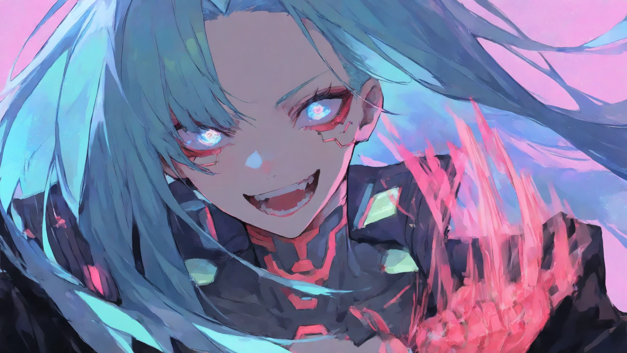 a dynamic cyberpunk woman, upper body portrait, standing in a futuristic neon city at night, neon blue and pink lights streaking past like motion blur, glowing circuit patterns flowing around her, long hair fluttering in the wind, reflective eyes, wearing a sleek high-tech with glowing lines, cinematic lighting, particle and motion effects, ultra-detailed 8k anime style, energetic and determined expression, sense of speed and futuristic technology