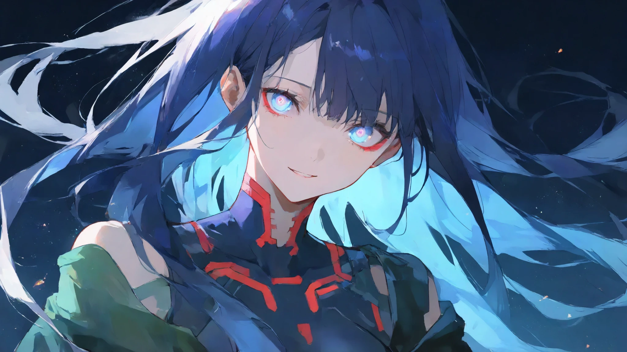 a mysterious cyberpunk woman, upper body portrait, standing in a dark futuristic city at night, surrounded by soft glowing blue and purple digital waves and floating holographic particles, long flowing hair with subtle highlights, reflective calm eyes, wearing a sleek futuristic with faint glowing circuit patterns, serene and focused expression, cinematic soft lighting, ultra-detailed 8k anime style, quiet and ethereal atmosphere, sense of silent energy and frequency