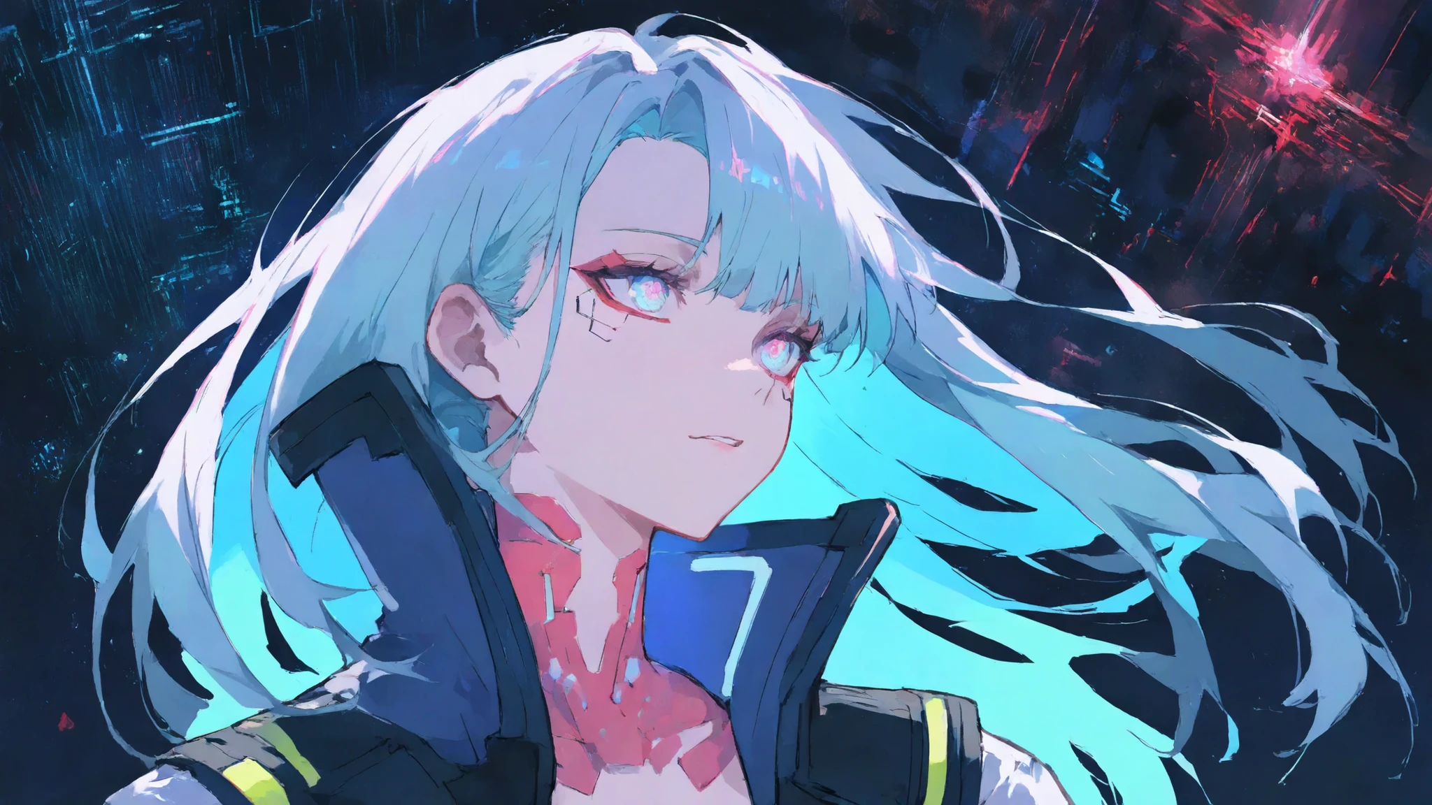 a stunning cyberpunk woman, upper body portrait, standing in front of an endless futuristic city horizon at night, neon blue and purple lights stretching into the distance, reflective metallic surfaces and holographic structures, long flowing hair with subtle neon highlights, reflective eyes like distant lights, wearing a sleek futuristic with glowing circuit lines, cinematic lighting, ultra-detailed 8k anime style, calm and visionary expression, sense of infinite space and futuristic atmosphere