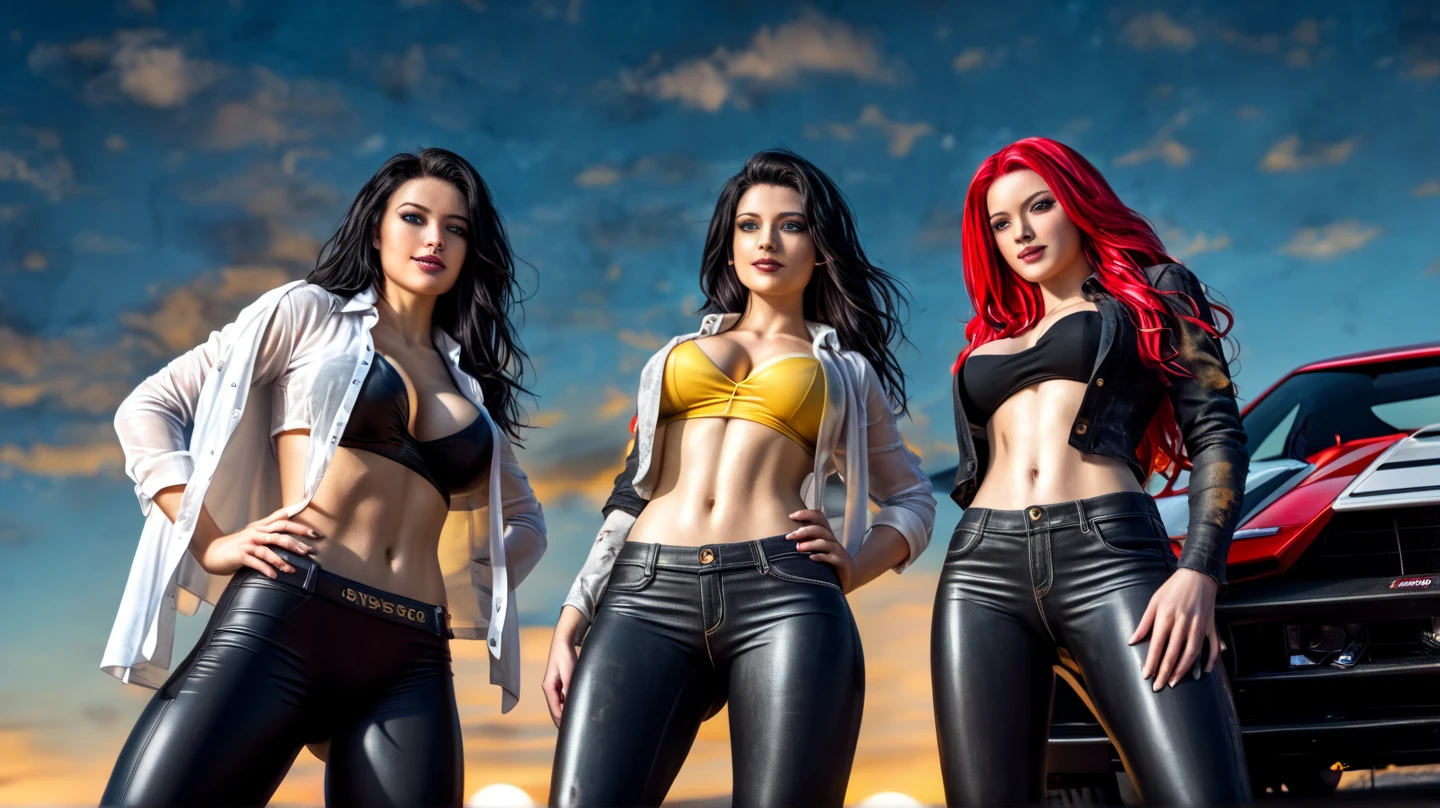 ssbbw curvy bottom heavy wide hiped british women, 30 brunette, they are standing together near the pool, they are wearing tight low waisted leggings, and short sleeved hawaiian shirts 