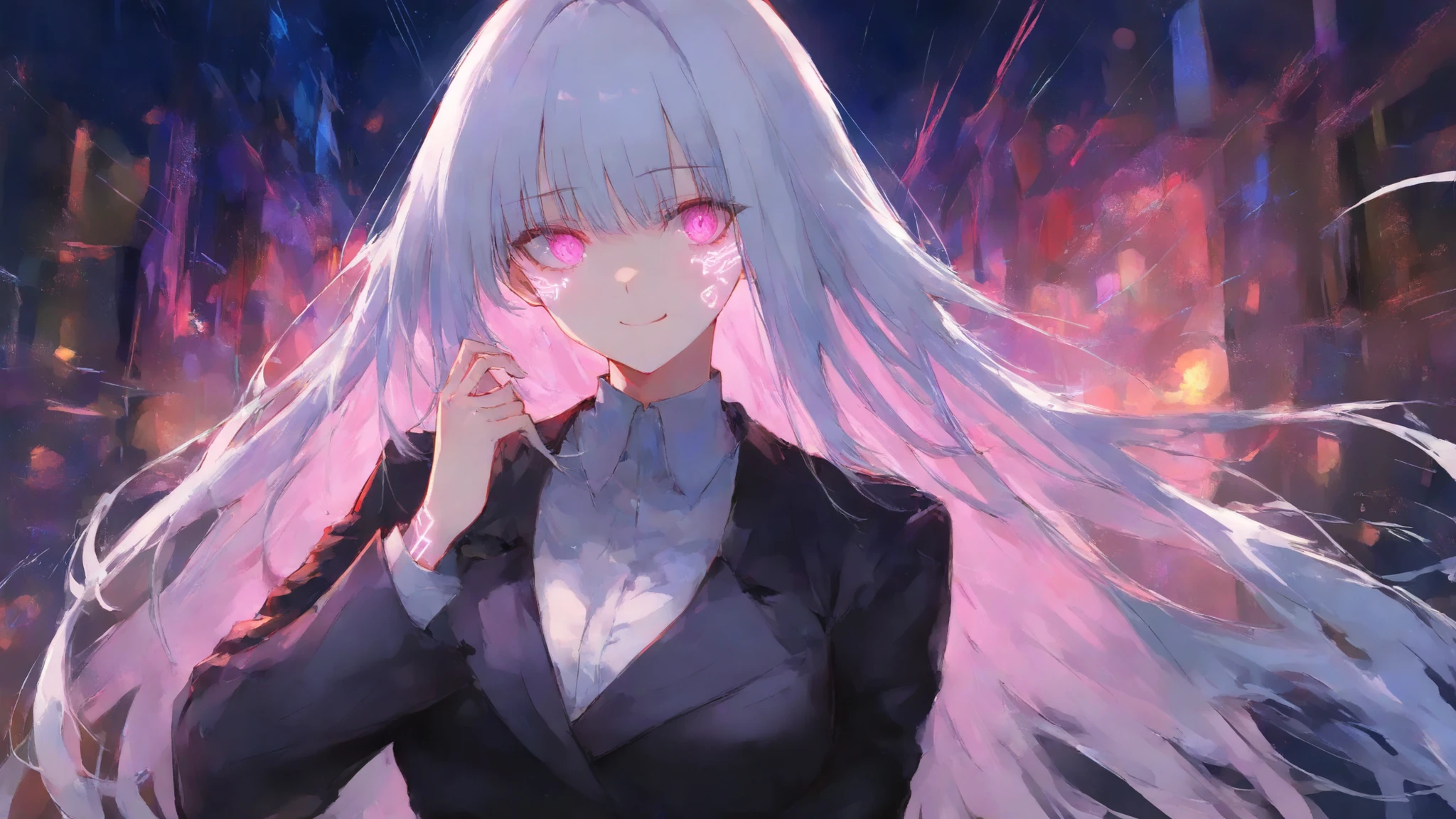 a stunning futuristic woman, upper body portrait, standing in a neon city at night, surrounded by glowing pink and cyan lights, reflections of neon signs on her skin, long flowing hair with luminous highlights, wearing a sleek futuristic outfit with glowing pulse lines, vibrant bokeh background, cinematic lighting, ultra-detailed 8k anime style, stylish and confident expression, rhythm and energy atmosphere