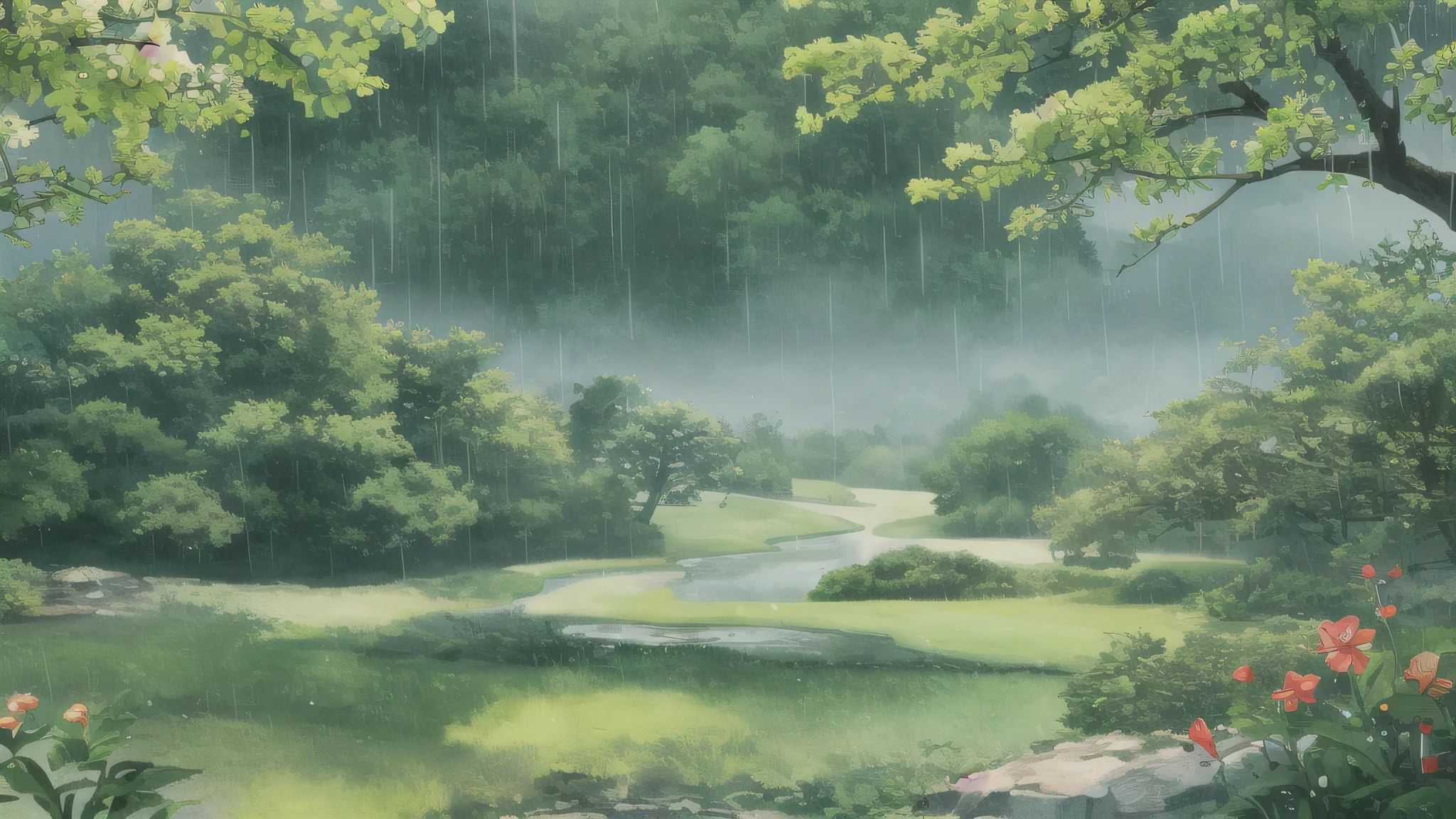 green landscape outside a with of rain、Tree emitting drops of water、Humid air feeling 、realistic texture、4k high definition、Ultra-detailed digital representation、 color Natural 、soft focus、delicate , rural village