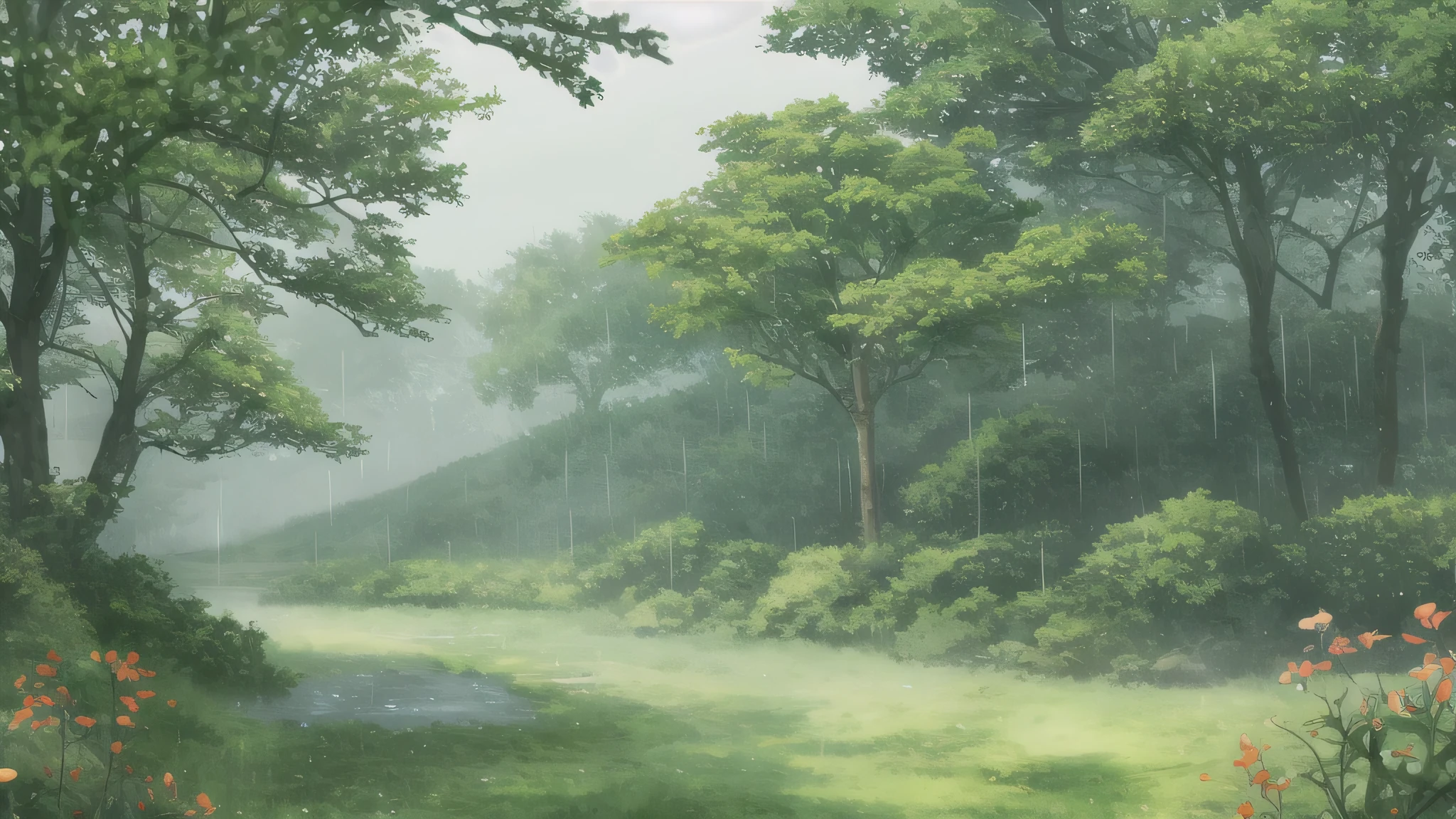 green landscape outside a with of rain、Tree emitting drops of water、Humid air feeling 、realistic texture、4k high definition、Ultra-detailed digital representation、 color Natural 、soft focus、delicate , rural village