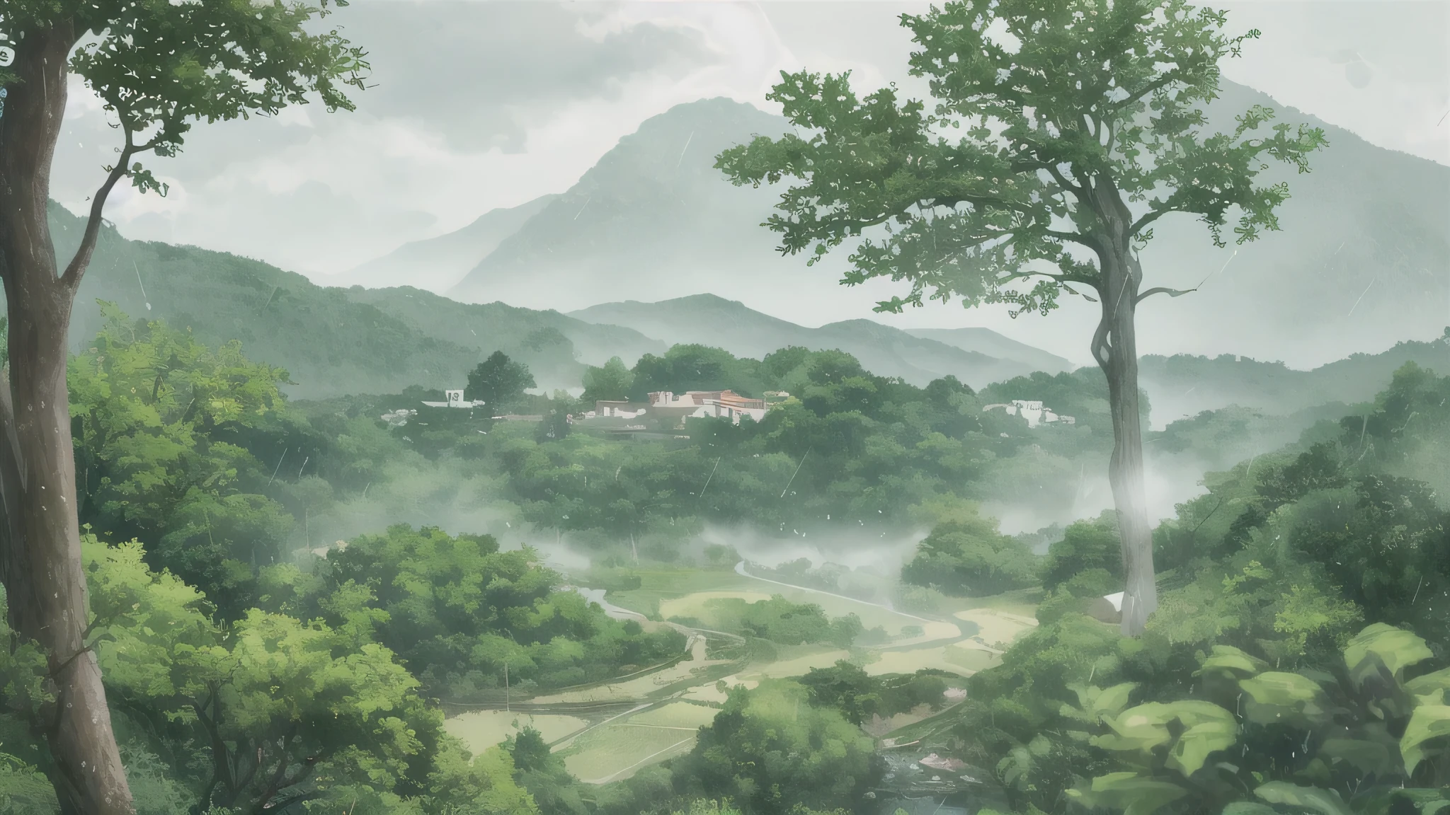 green landscape outside a with of rain、Tree emitting drops of water、Humid air feeling 、realistic texture、4k high definition、Ultra-detailed digital representation、 color Natural 、soft focus、delicate , rural village , Landscape