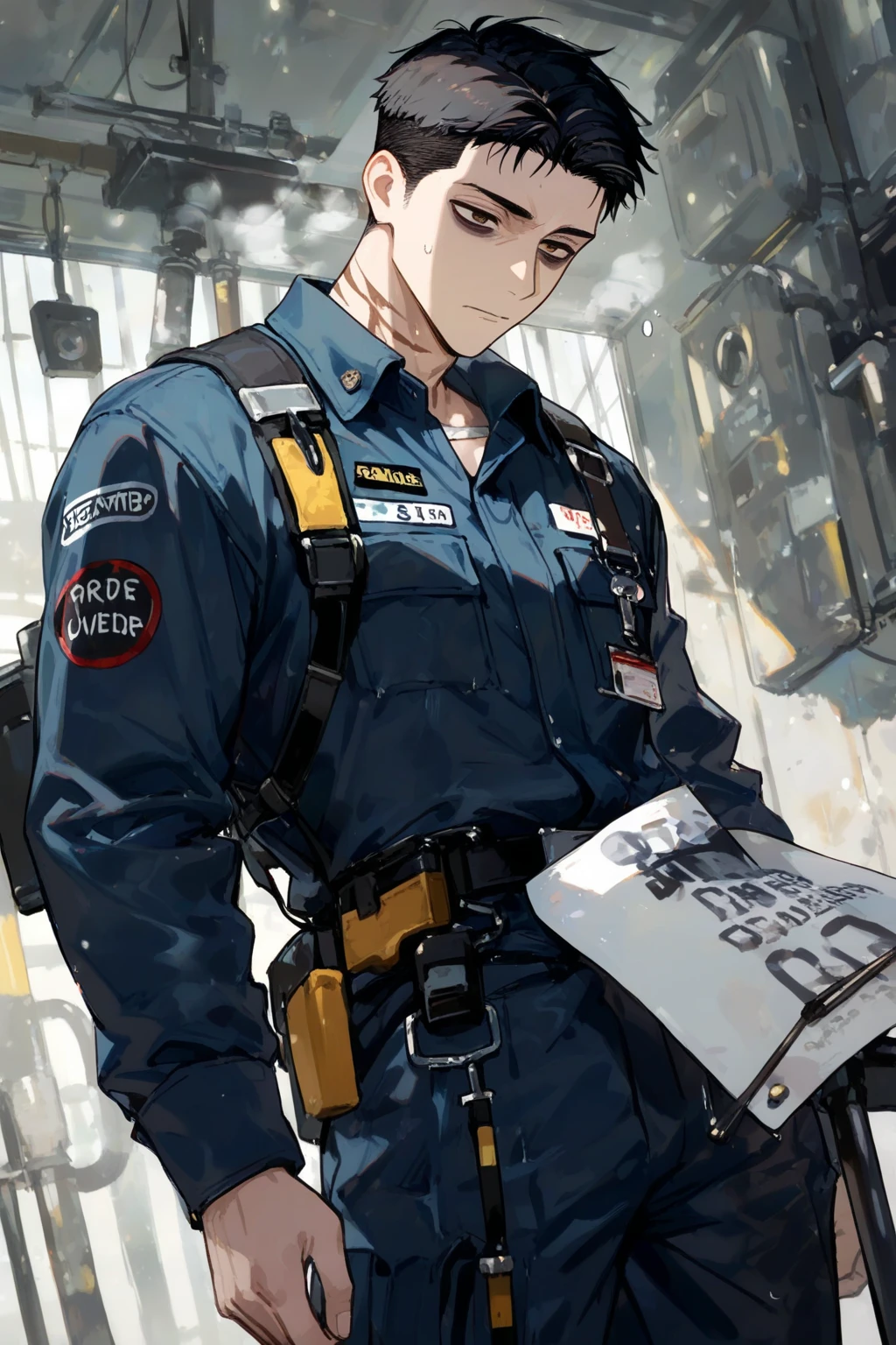 {(best quality, 8k, masterpiece, HDR, soft lighting, perfect image, digital illustration, manhwa art, hyper detailed image, perfect lines, realistic)} 1 very handsome man with short white hair with bangs and icy blue eyes, black & red space space jump suit, muscled (imposing posture, cold expression), {(inside spaceship corridor background)}