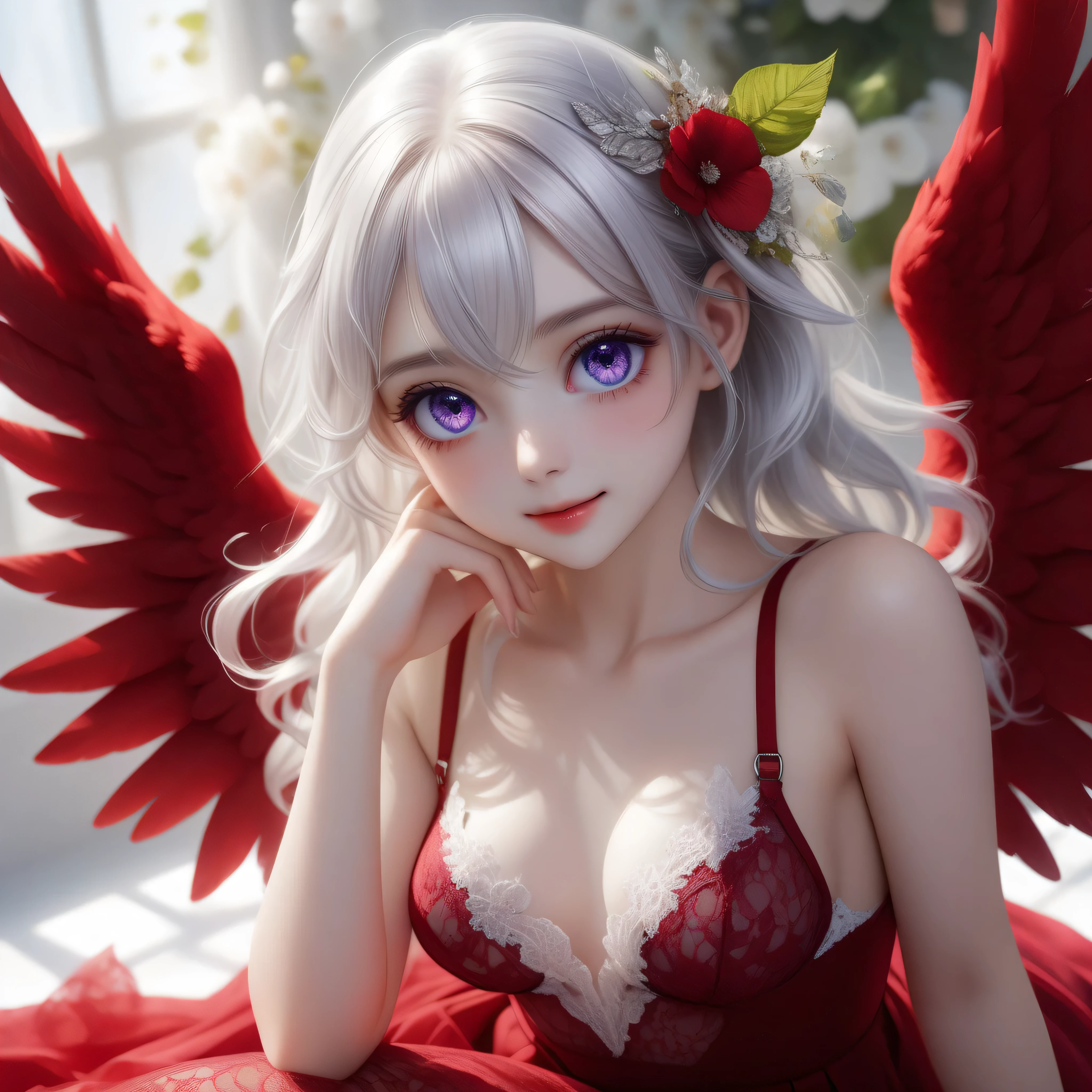 ((Top quality, 8K, best quality, masterpiece, ultra realistic)), ((Beautiful angel with odd eyes)), ((Heterochromia, golden eyes, silver eyes)), ((Sparkling and detailed eyes)), (Very precise eyes), (Long hair with a mixture of platinum and purple), Princess cut, ((Translucent and shining white skin)), Shiny skin, Very white skin, ((Very small breasts)), ((Beautiful woman wearing a lacy crimson quarter cup bra with a clearly visible intricate lace pattern)), ((Crimson wrap (wearing a skirt), ((a beautiful flower garden), ((lime green quarter cup bra)), ((sitting with her legs stretched out, with wings on either side of her back)), ((anatomically accurate depiction)), ((the exact number of fingers, detailed depiction down to the tips of the fingers)), gaze, ((angel wings)),blushing face, ((the surroundings are sparkling)), smile, very beautiful, fantasy world, very beautiful eyes