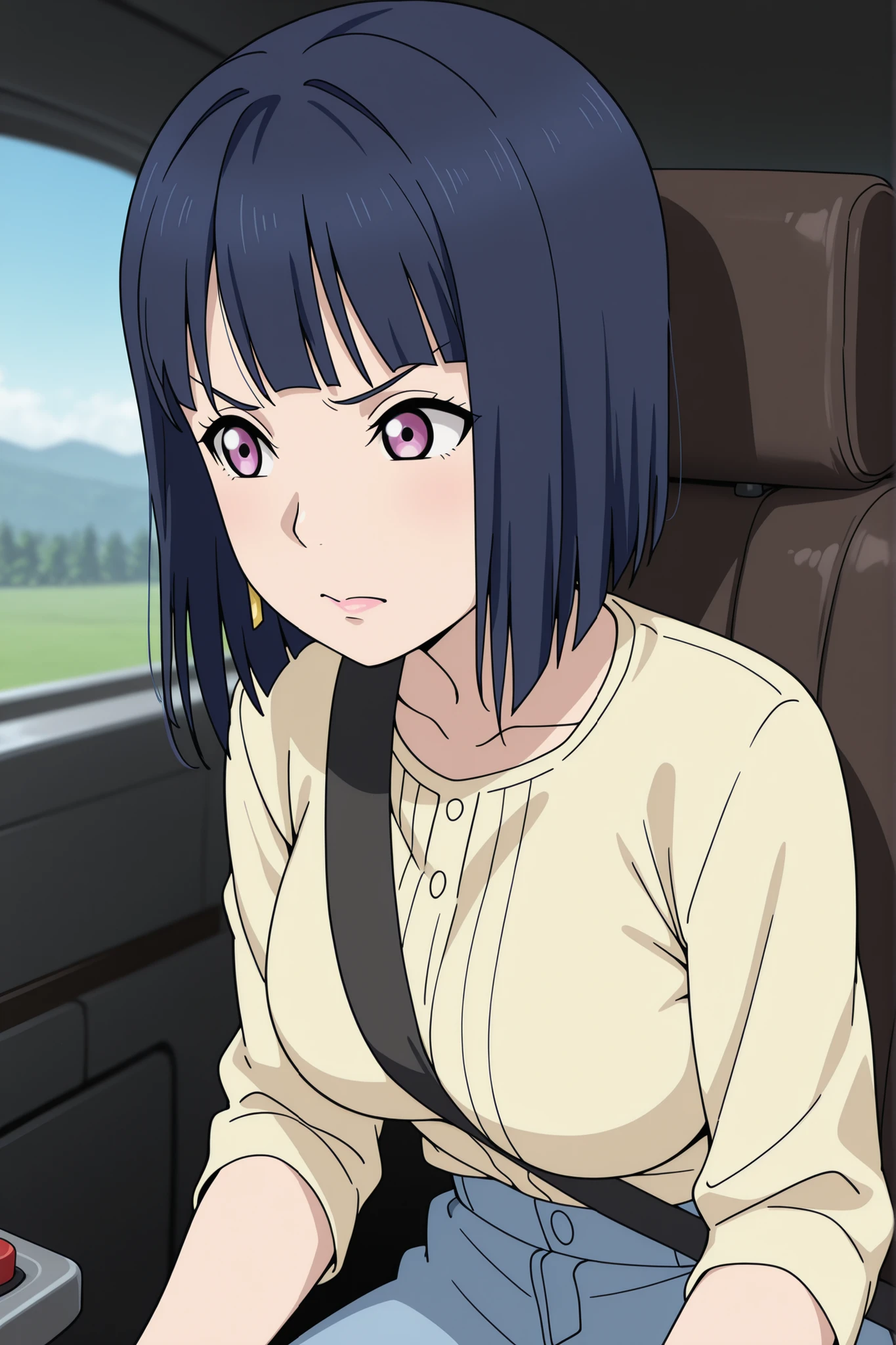 Hinata Hyuuga, medium hair, dark blue hair, square, , skinny body, earrings, pink lips , lavender eyes, | 1girl,  love live! casual wear,skirt, serious,v-shaped eyebrows,scream, gundamwingcockpit,joystick,seatbelt,sitting, masterpiece, best quality, ultra detailed, highres,4k,(ultra-detailed:1.4) (illustration:0.5), (ray tracing,:0.8),(anime colored:0.7),(ai-generated:0.5),
