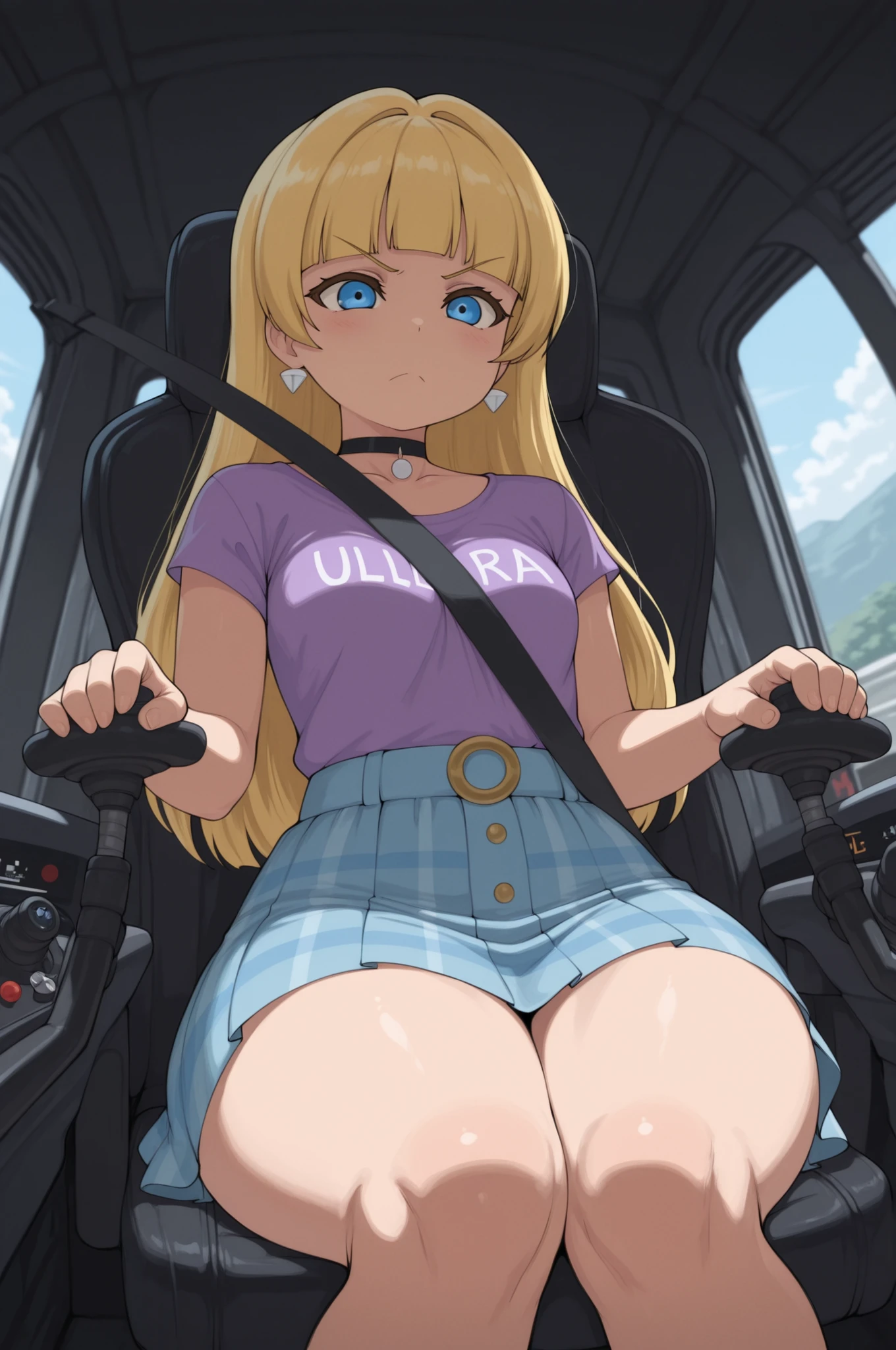 Pacifica Northwest, small breasts, bbw, huge hips, long hair, blonde hair, choker , | 1girl, love live! casual wear,skirt, serious,v-shaped eyebrows,scream, gundamwingcockpit,joystick,seatbelt,sitting, masterpiece, best quality, ultra detailed, highres,4k,(ultra-detailed:1.4) (illustration:0.5), (ray tracing,:0.8),(anime colored:0.7),(ai-generated:0.5),