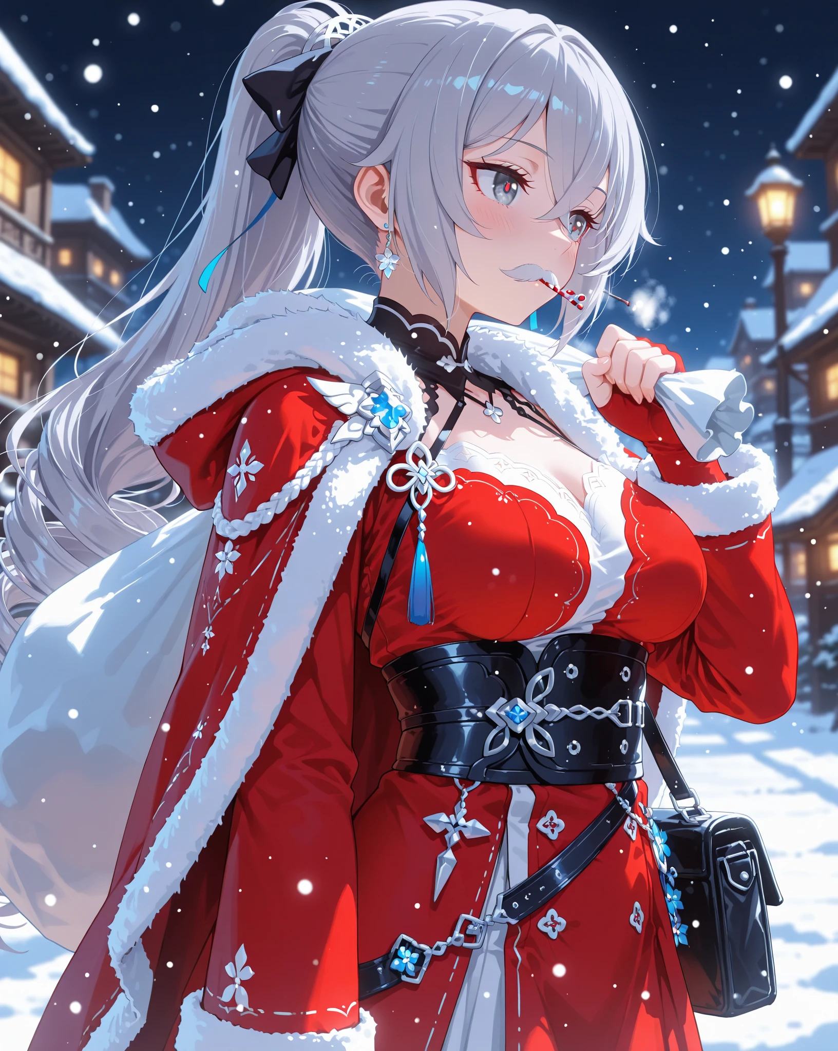 top-quality、Top image quality、​masterpiece、teens girl((Red Santa Costume、sixteen years old、teen ager、Best Bust、big bast,Beautiful light blue eyes、Breasts wide open, a blond、A slender,Large valleys、dye one's cheeks red、Leaning forward、White breath、Reflecting the whole body)),hiquality、Beautiful Art、Background with((Fantastic world、Ice Burn City at night、snowflakes falling、Heavy snow falls、snowman、ice tower)))、masutepiece、depth of fields,