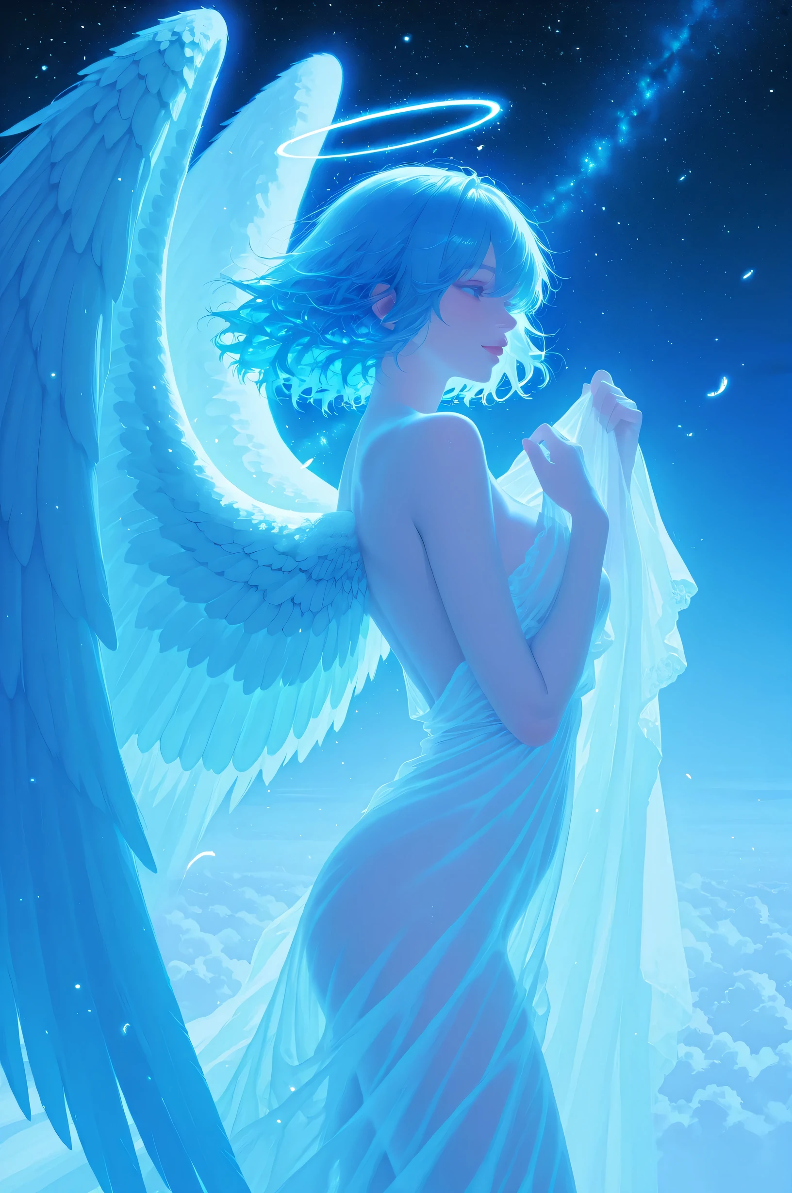 from side, expressive eyes that convey sadness and hope. angels in an ethereal and melancholy scene, Delicate neutral face, the surrounding scene is mystical twilight, long, fluttering hair. Her big, the majestic wings are clearly damaged, as if the feather is broken, realistic details in the texture of wings and angel expressions. and some gently fall to the ground, Sky blue and white theme and jet black starry sky, angels in an ethereal and melancholy scene. as if the sky is changing, should evoke a mixture of soft light and shining particles like {x}, It should contrast with the aura and evoke a mixture of soft light and shining particles like. This atmosphere is pain and, Resilience, and Tragic Beauty, realistic details in the texture of the angel's vulnerability.delicate touch、Beautiful skin details、Delicately express the color of transparent skin。((dynamic pose)), see-through clothing,loose dress,ethereal atmospher,draped cloth