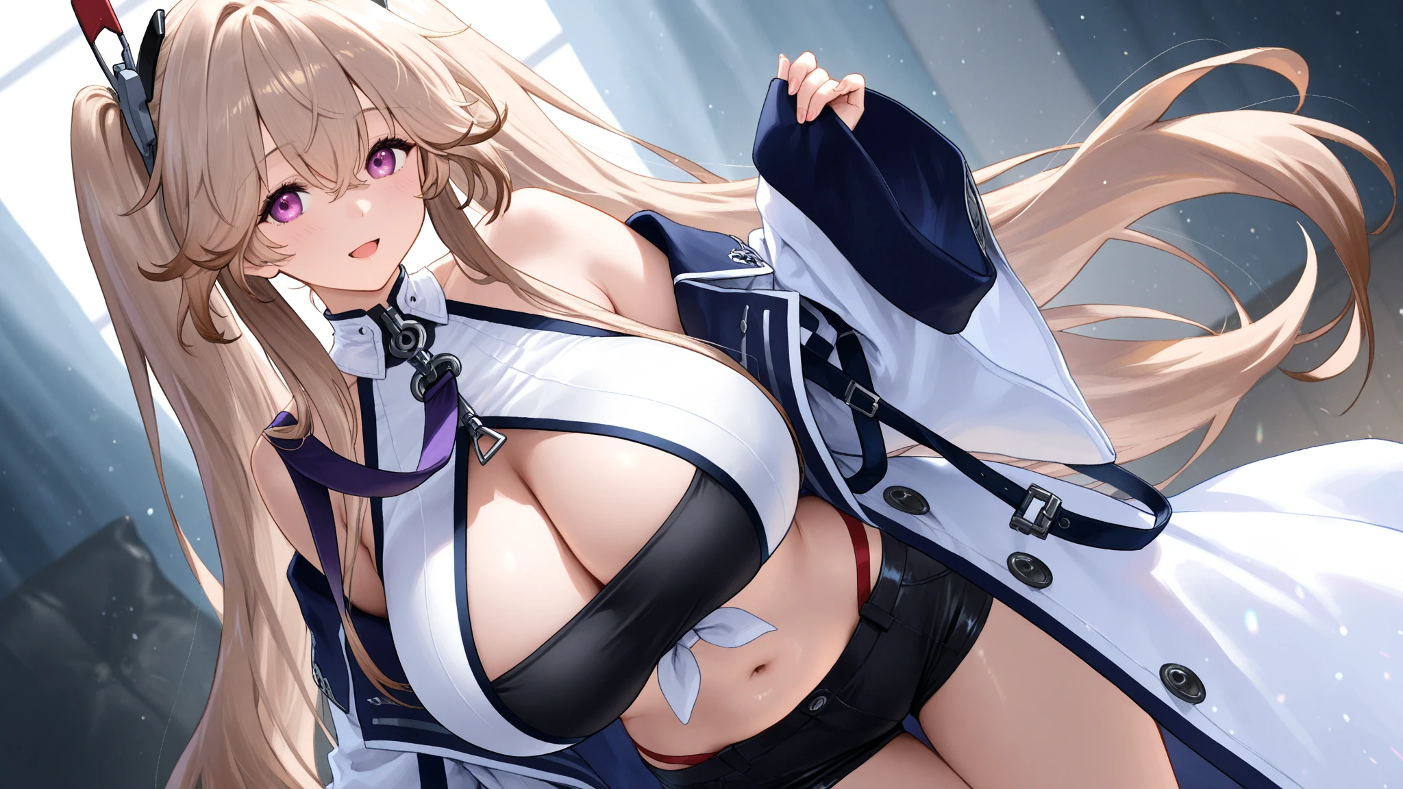 woman,20-year-old,,city,night,((white tight  )),(Harada Makoto),open mouth smile,(((See-through))),((blonde)),long hair