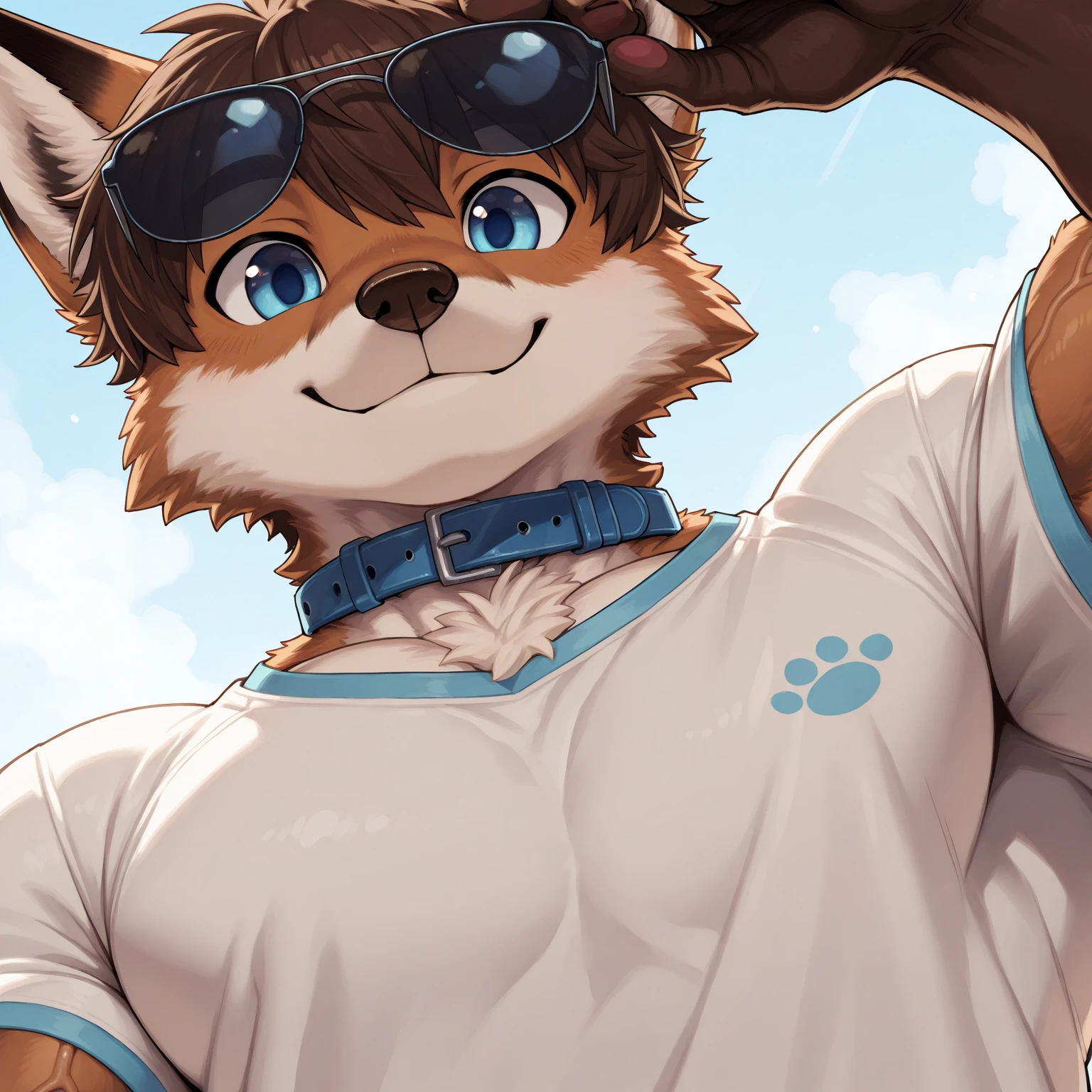 (Maximum fineness,Dynamic HDR,8K) Furry,solo,,outdoor,sunny,sky,Happy,cute,teenager,Growlithe Pokemon, , Smiling faces,Wear exercise shorts,Wear hold open represent goggles in eyes,There is clearly sweat on the body,The of the pants is clearly bulging