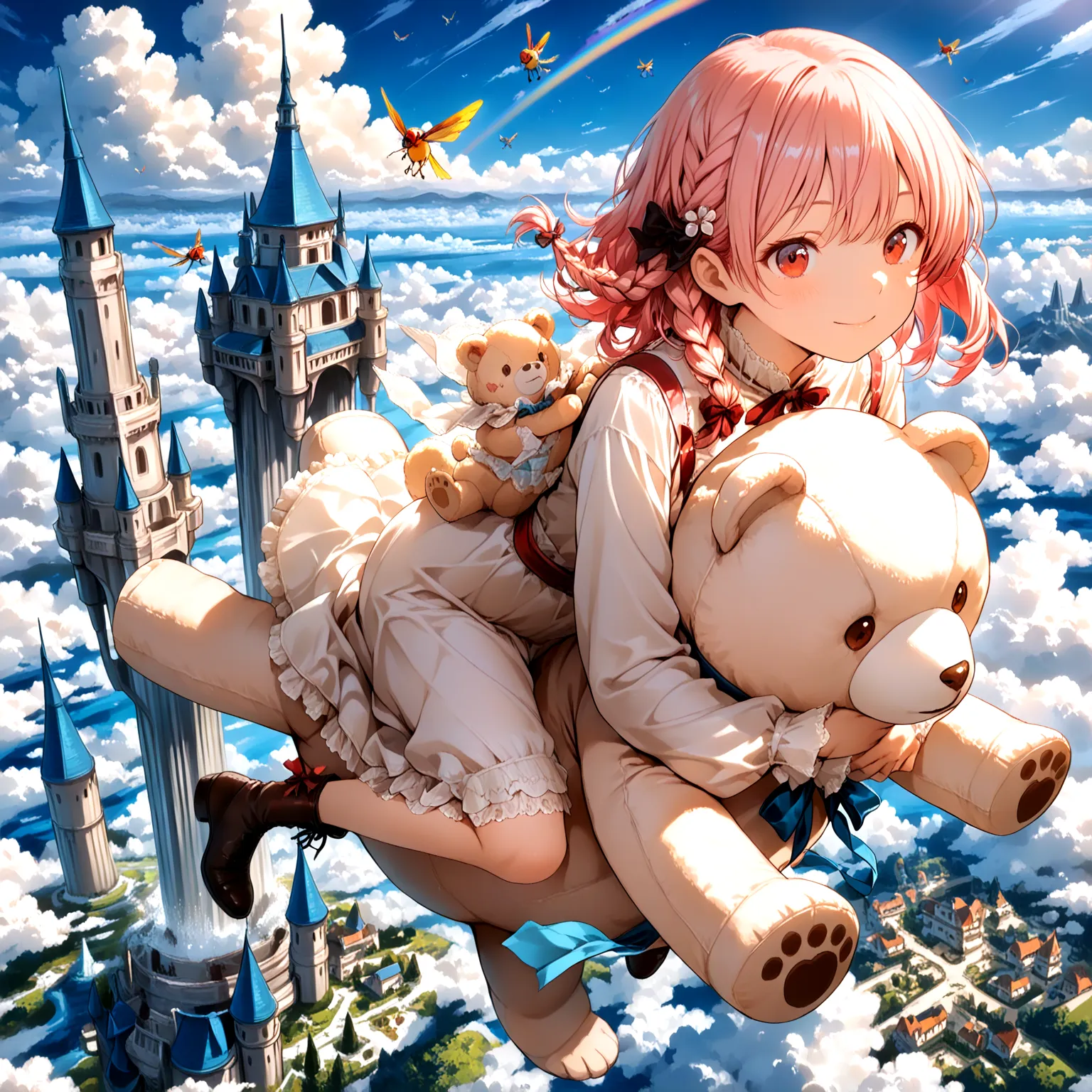A girl flies through the sky on a giant teddy bear, and、castles floating in the air and birds flapping their wings in a fantastic sky with rainbows spreading