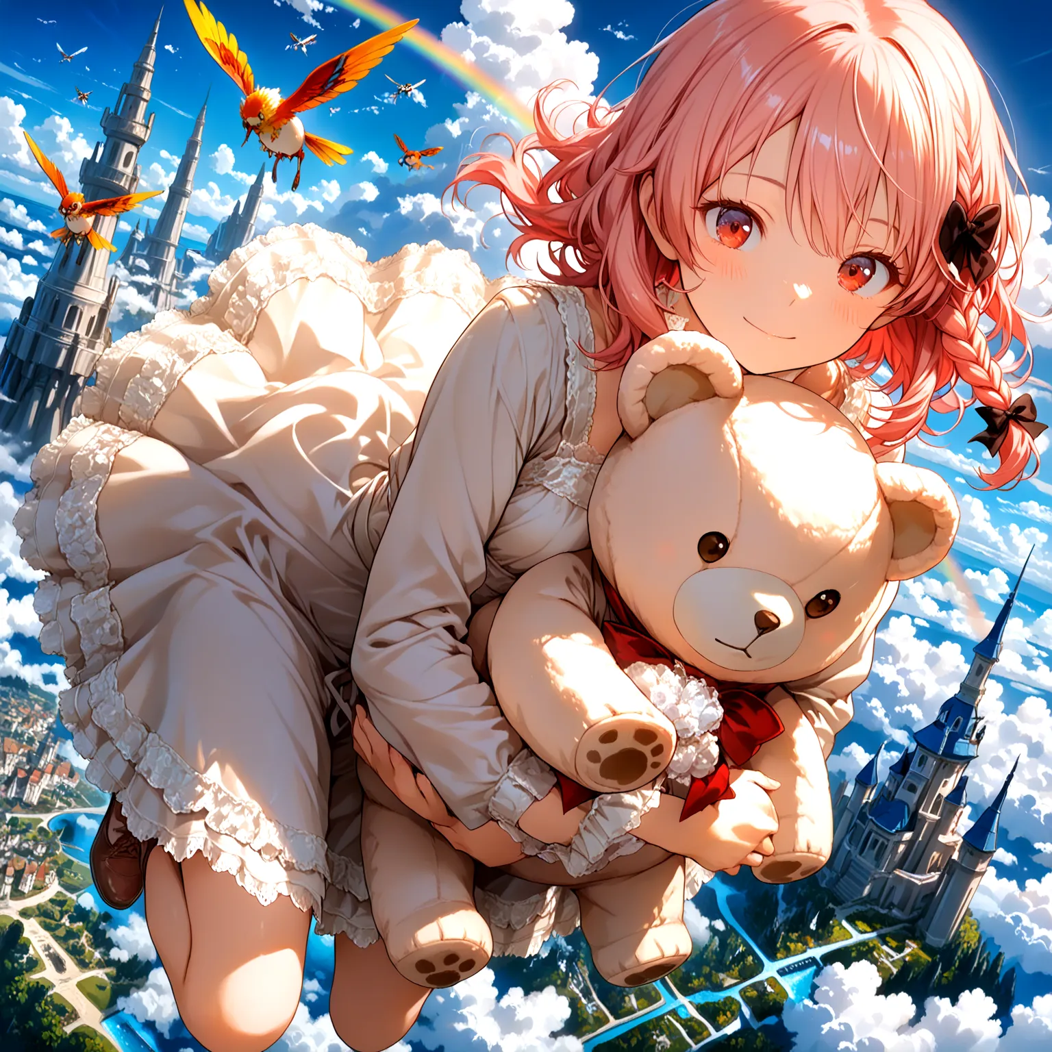 A girl flies through the sky on a giant teddy bear, and、castles floating in the air and birds flapping their wings in a fantastic sky with rainbows spreading