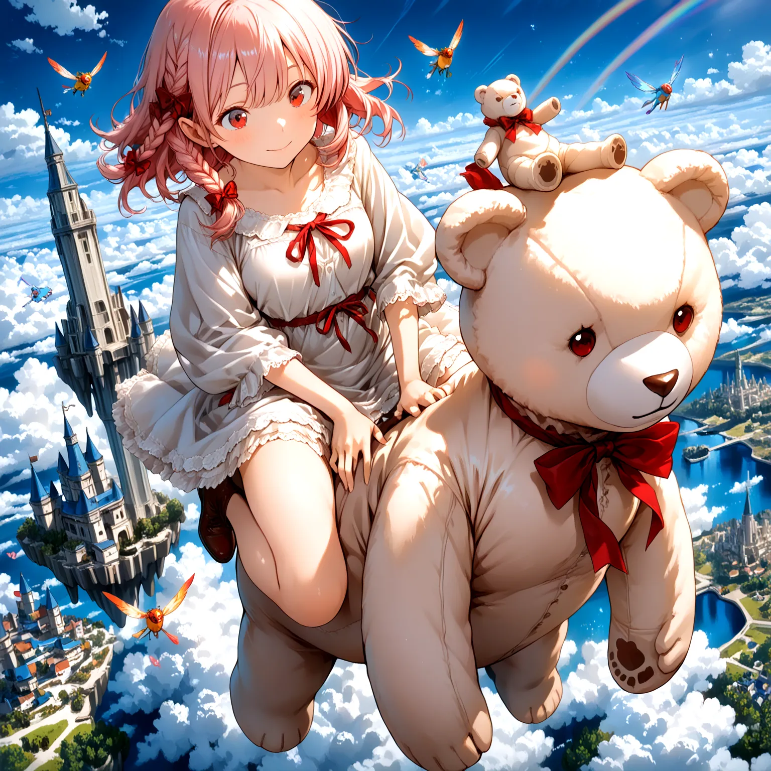 A girl flies through the sky on a giant teddy bear, and、castles floating in the air and birds flapping their wings in a fantastic sky with rainbows spreading
