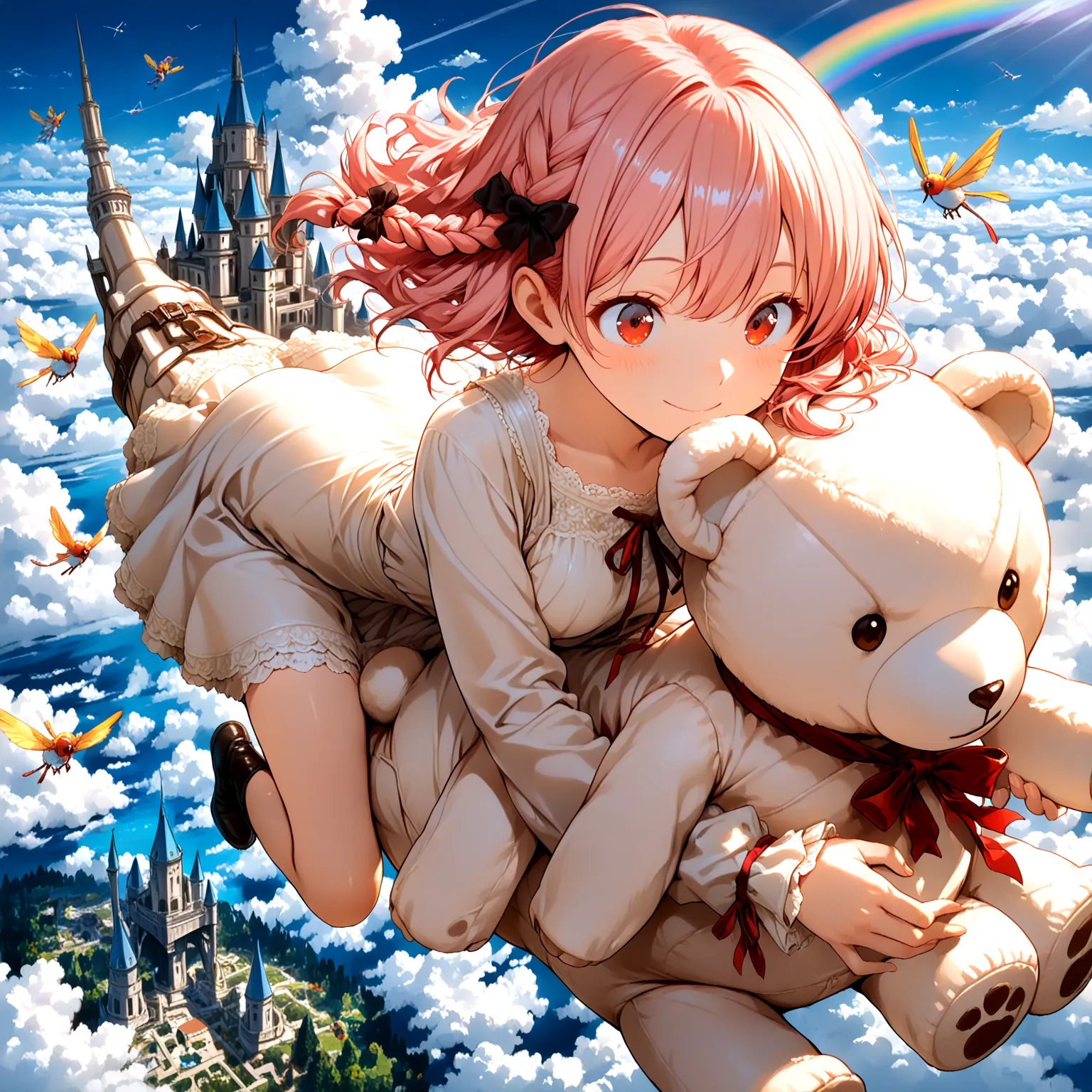 A girl flies through the sky on a giant teddy bear, and、castles floating in the air and birds flapping their wings in a fantastic sky with rainbows spreading